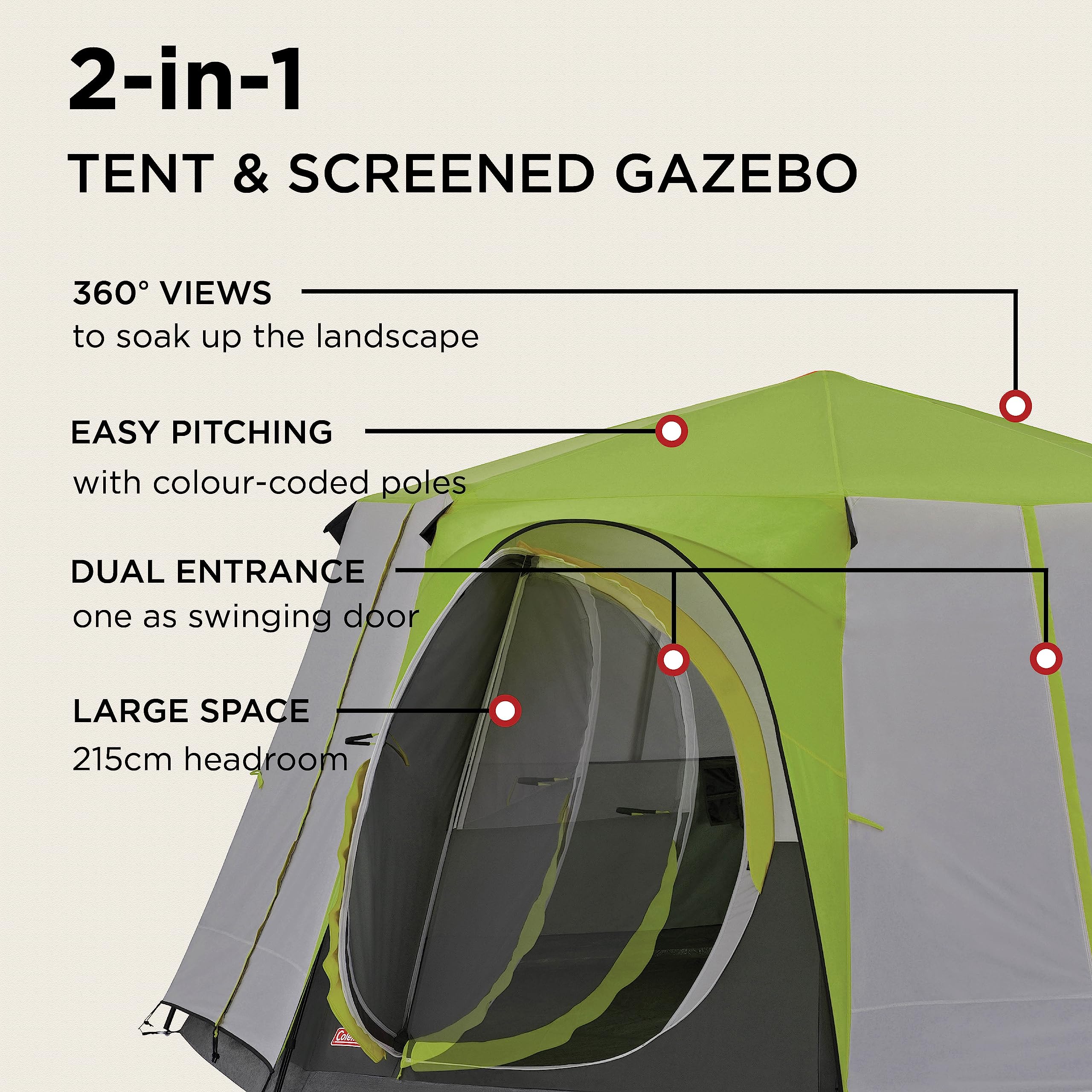 Coleman Tent Octagon, 6 Man Festival Dome Tent, 6 Person Family Camping Tent with 360° Panoramic View, Stable Steel Pole Construction, Sewn-in Groundsheet, 100 Percent Waterproof