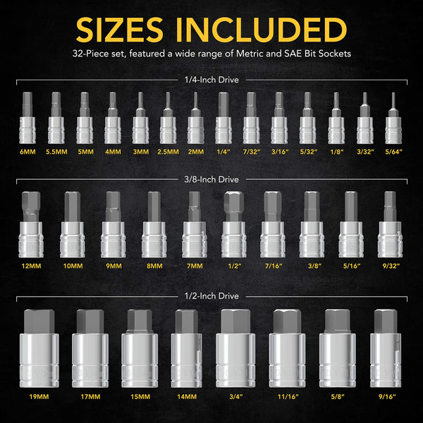 LEXIVON Master HEX Bit Socket Set, Premium S2 Alloy Steel | Complete 32-Piece, SAE and Metric Set | Enhanced Storage Case (LX-144)