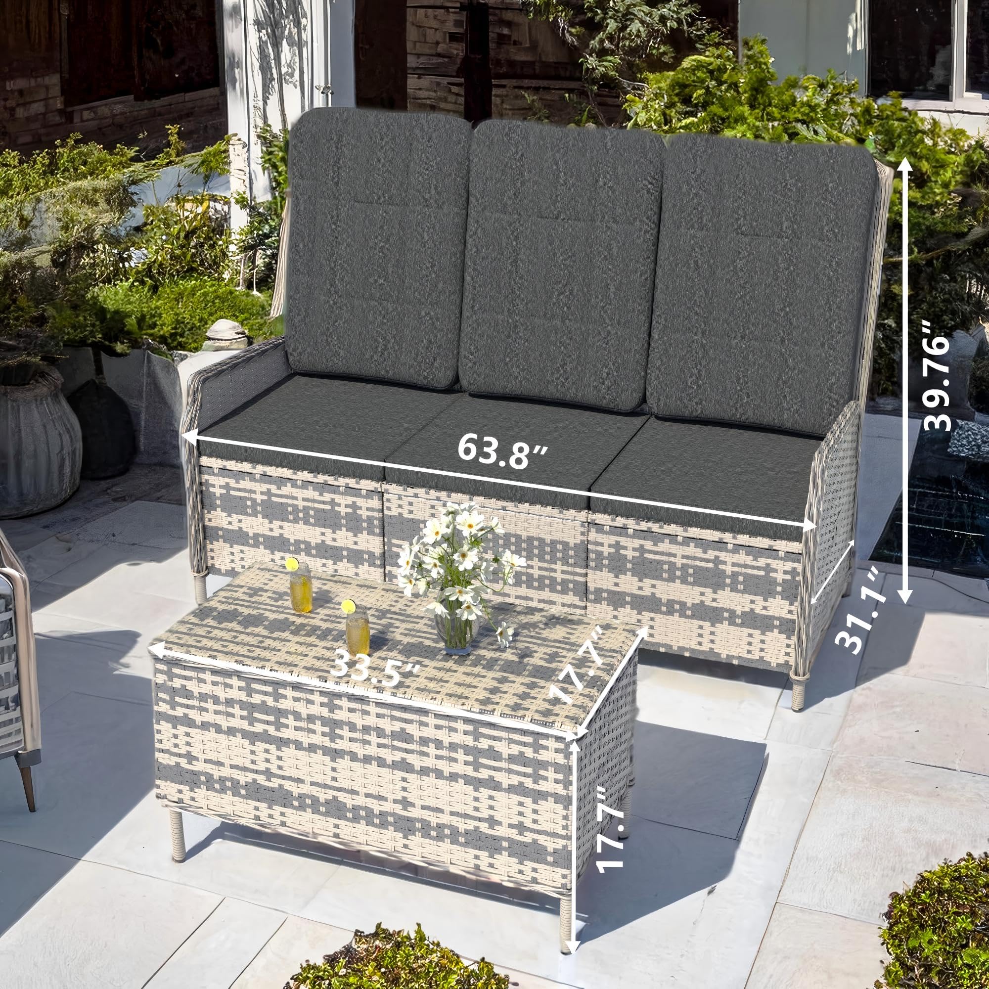 Trumbeak Polyrattan Lounge Set - 3 People Garden Furniture Seating Set Table - Seat Set with Adjustable Backrest Made of Garden Sofa, Side Table for Garden, Black