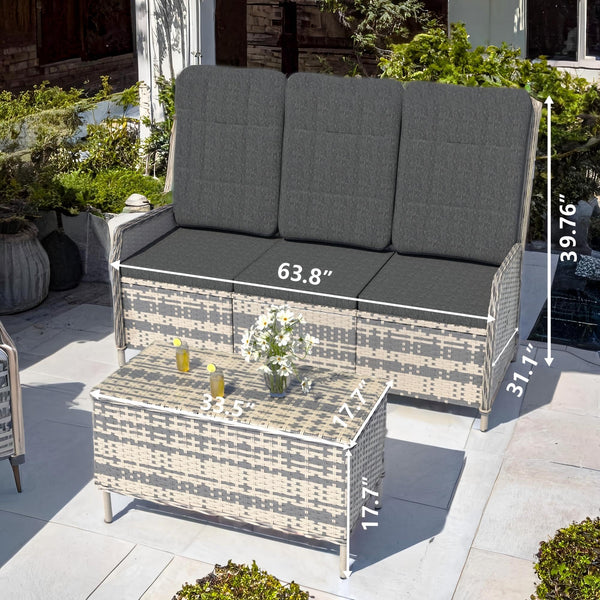 Trumbeak Polyrattan Lounge Set - 3 People Garden Furniture Seating Set Table - Seat Set with Adjustable Backrest Made of Garden Sofa, Side Table for Garden, Black