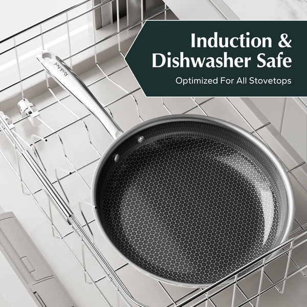 Redchef Non Stick Hybrid Egg/Omelette Pan,20cm Ceramic Frying Pan,Tri-Ply Stainless Steel Skillet,Non Toxic,PFAS PFOA/PTFE Free,Dishwasher/Oven Safe,Suitable for Induction Hobs,8"(Beige)