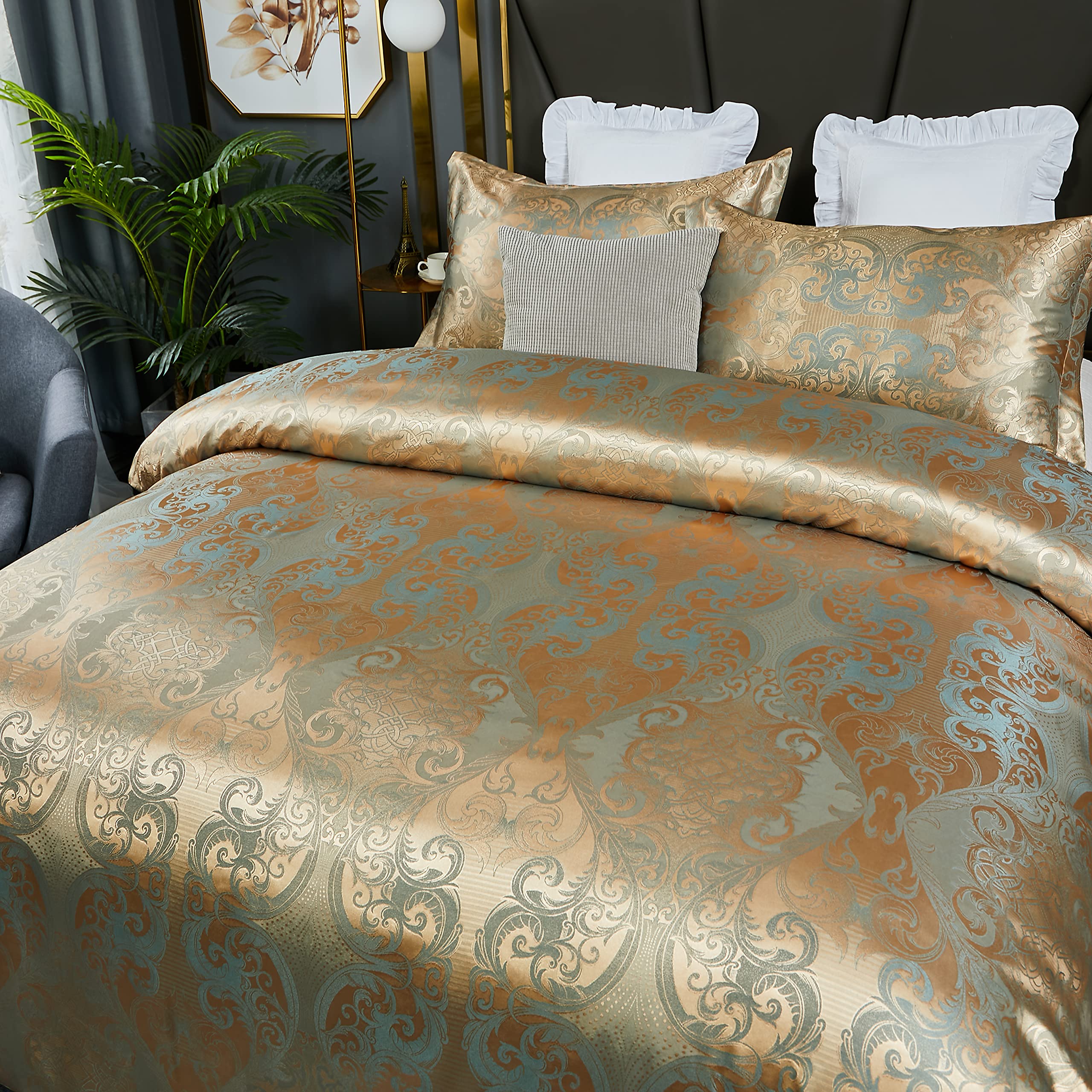 HMtideby Jacquard Duvet Cover Set Double Microfiber Bedding Sets 3 pcs Gold Duvet Quilt Cover with 2 Matching Pillow Cases 200x200cm