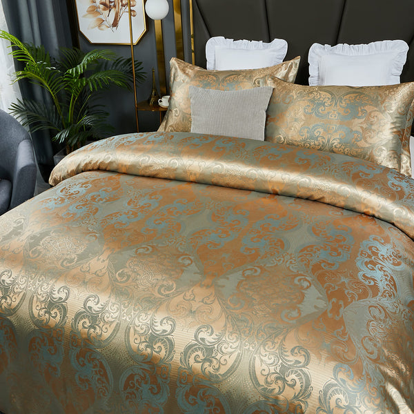HMtideby Jacquard Duvet Cover Set Double Microfiber Bedding Sets 3 pcs Gold Duvet Quilt Cover with 2 Matching Pillow Cases 200x200cm