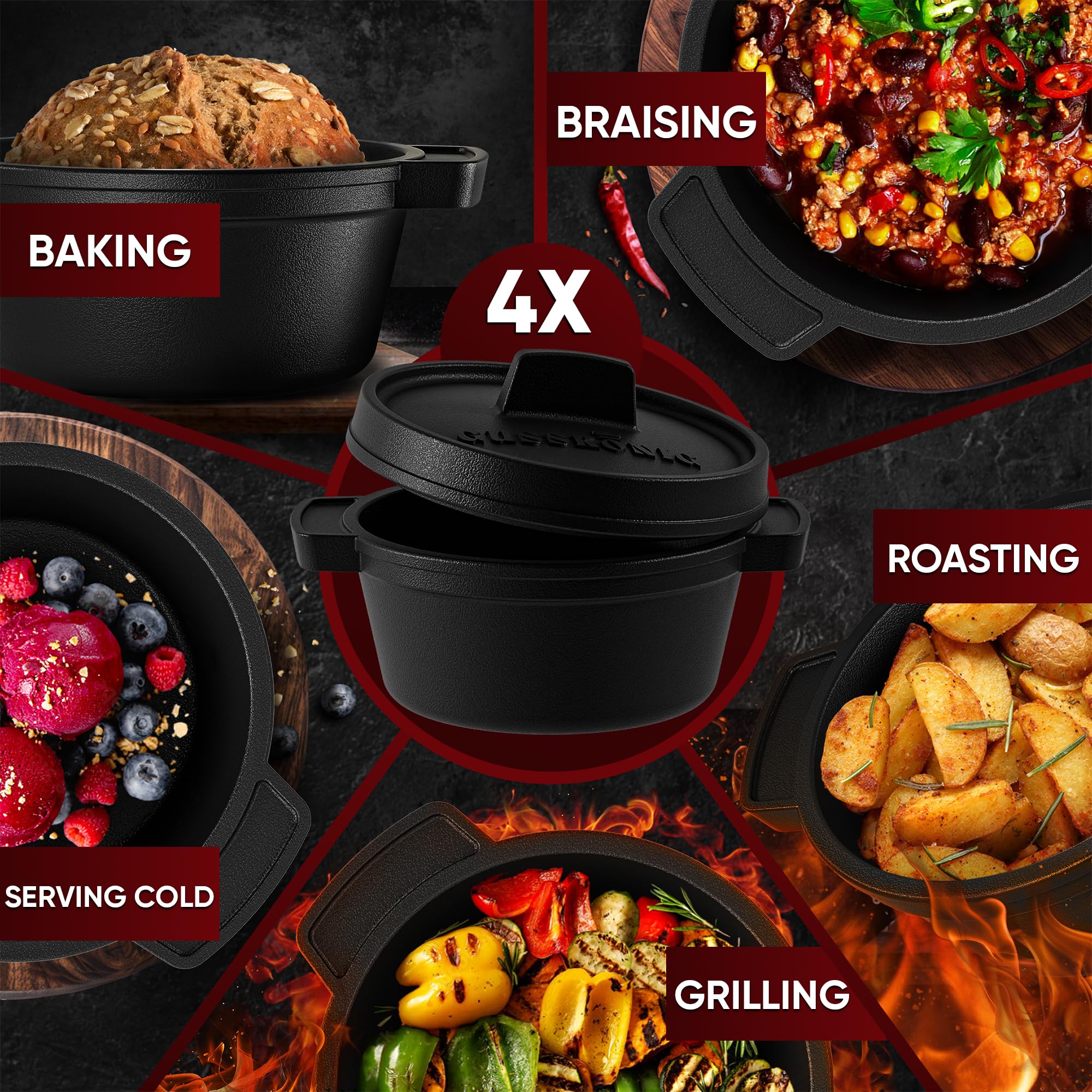 GUSSK?NIG Dutch Oven Set Mini - 4x 300ml Cast Iron Mini Pots with Lids - Pre-Seasoned Mini Dutch Ovens - Cast Iron Mini Cocotte Serving Pans
