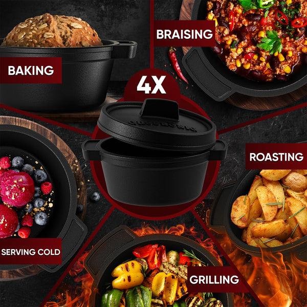 GUSSK?NIG Dutch Oven Set Mini - 4x 300ml Cast Iron Mini Pots with Lids - Pre-Seasoned Mini Dutch Ovens - Cast Iron Mini Cocotte Serving Pans