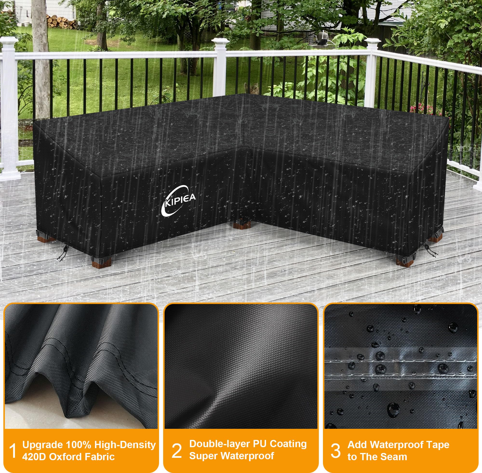 Kipiea V Shaped Garden Furniture Covers Waterproof, 420D Heavy Duty Oxford Fabric Outdoor Rattan Corner Sofa Covers with Windproof, Garden Sofa Cover,
