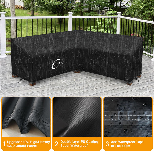 Kipiea V Shaped Garden Furniture Covers Waterproof, 420D Heavy Duty Oxford Fabric Outdoor Rattan Corner Sofa Covers with Windproof, Garden Sofa Cover,