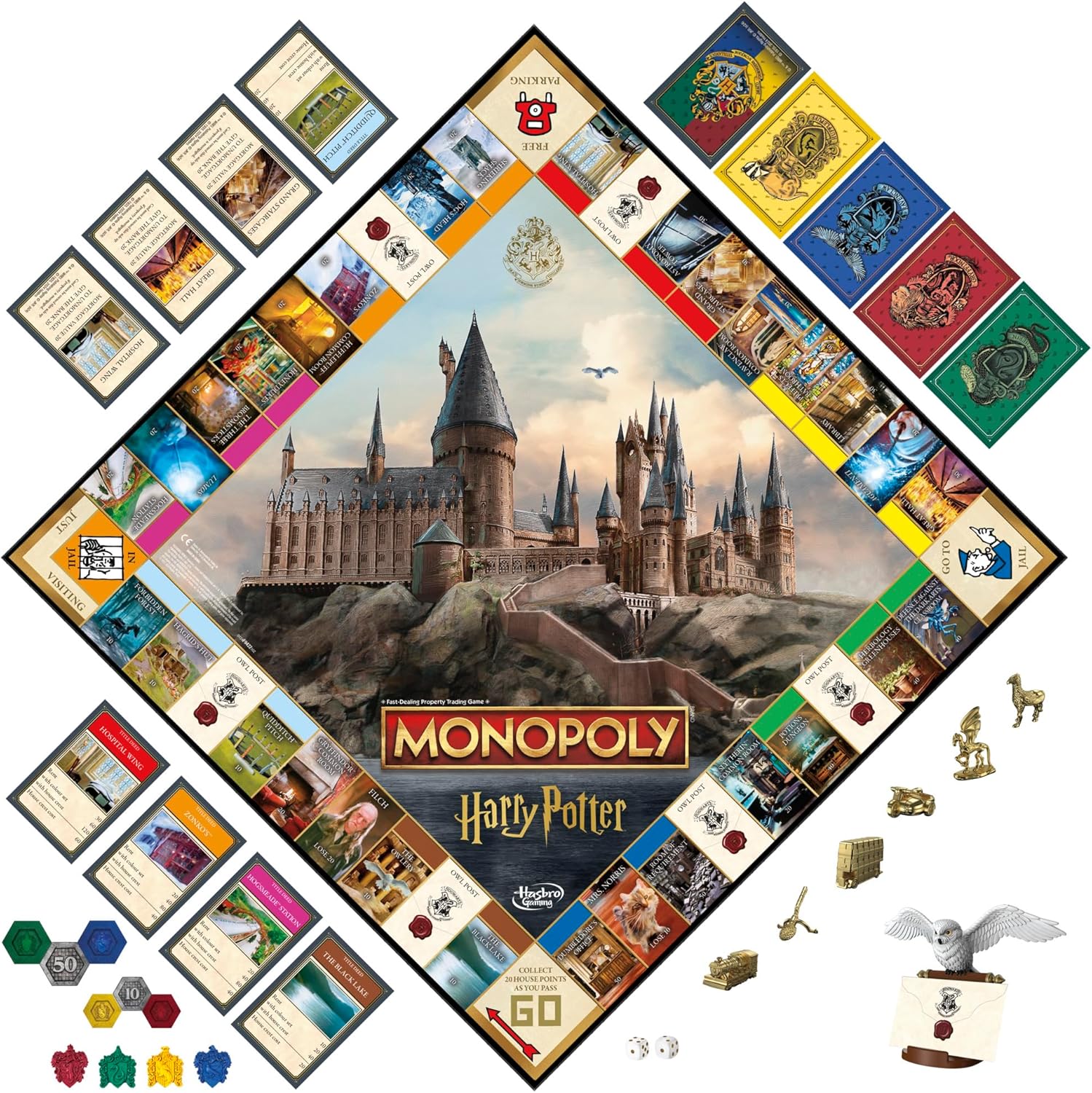 Monopoly Harry Potter Edition Board Game for Kids 8+, Strategy Family Game with Hogwarts Locations, Golden Tokens, House Cards & Owl Post, 2–6 Players, For Kids & Familes