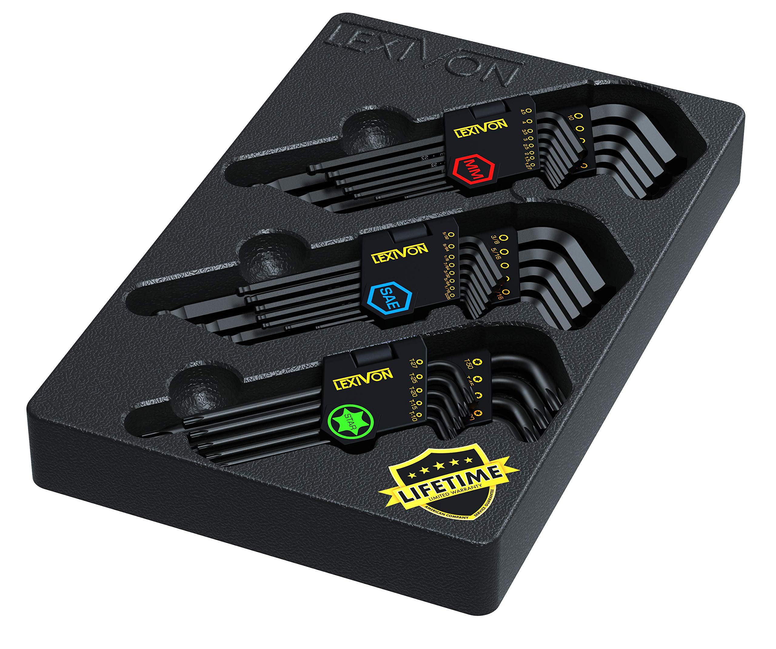 LEXIVON Master Wrench Key Set, 35-Piece Long Arm Ball End Hex Keys | 3-Pack Metric/SAE & Star, Industrial Grade S2 Alloy Steel (LX-131)