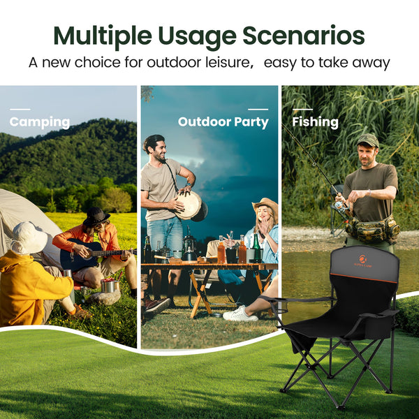 ALPHA CAMP Set of 2 Folding Camping Chairs with Cooler Bag & Cup Holder & Side Pocket Up to 120kg, Lightweight and Portable Camping Chair for Adults, Black