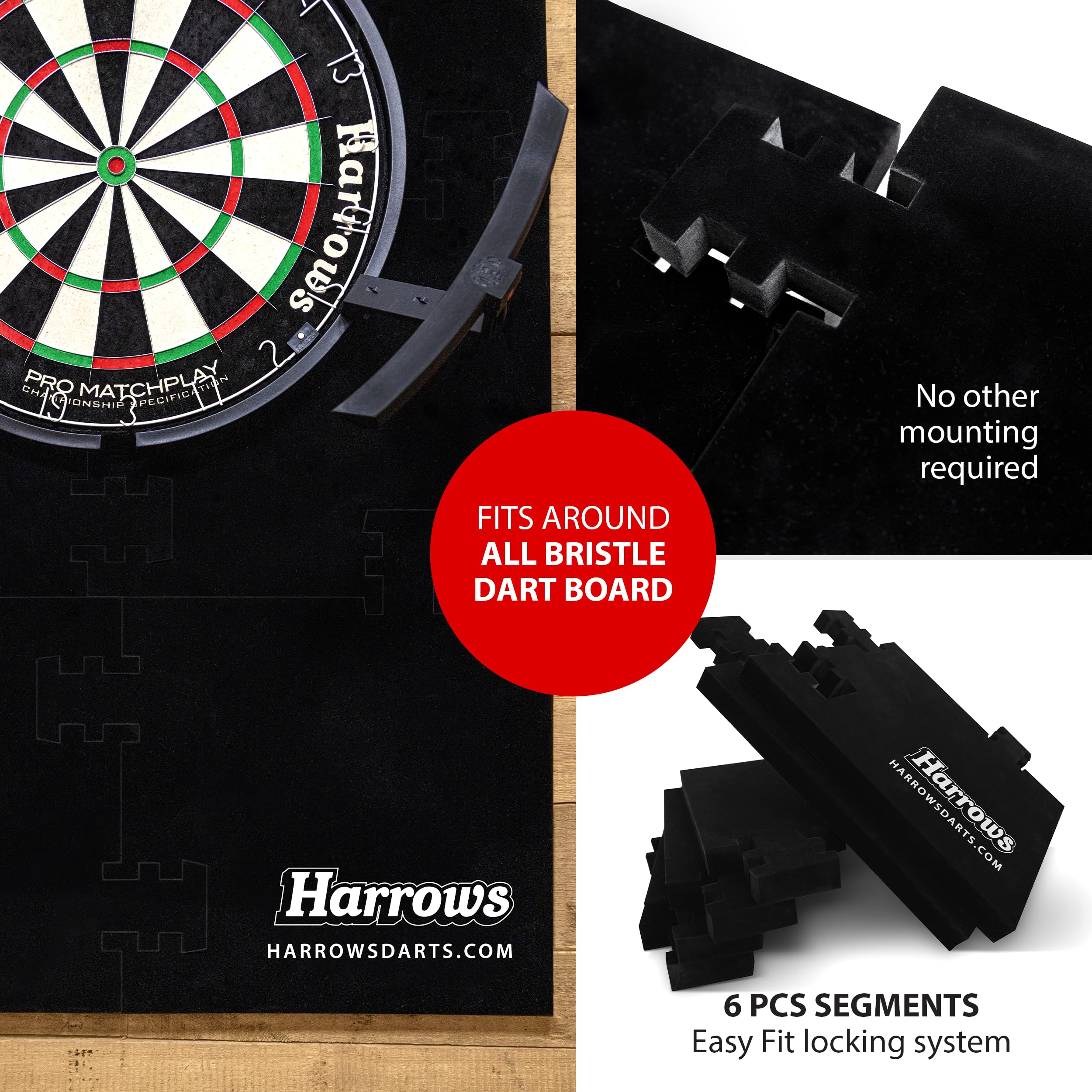 Harrows XL Dart Board Surround Ring - 6pcs Easy Assembly Wall Protector - 140% Larger - Double Sided for Long Life