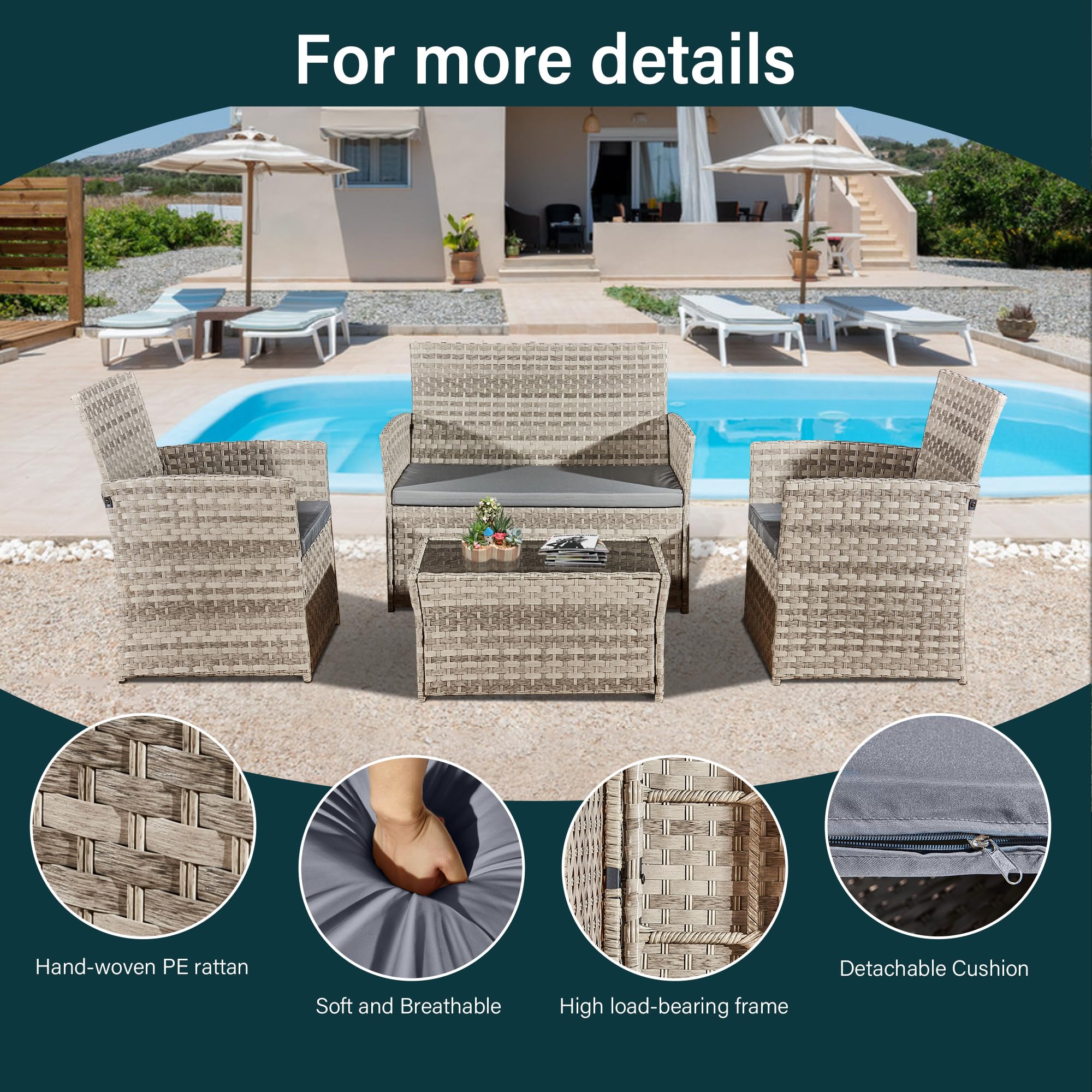 4 Piece Rattan Garden Furniture Sets, Patio Conservatory Set, Include Rattan loveset Sofa, Chair, Glass Coffee Table