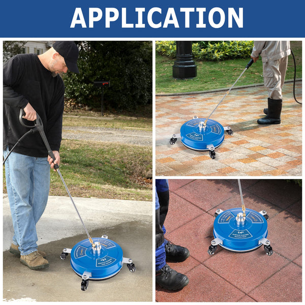 AngeDZ 14" Pressure Washer Surface Cleaner Attachment with 4 Wheels, 1/4" Quick Connector, 2 Extension Wands, 14 Inch Stainless Steel Painted Housing