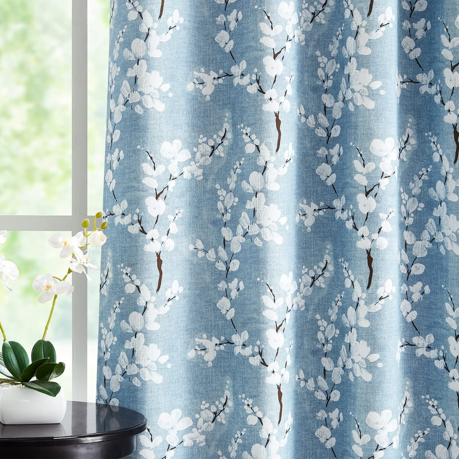 Fmfunctex Blue Floral Blackout Curtains for Bedroom 90 inch Drop Eyelet Curtains for Living Room Nursary Blossom Thermal Insulated Window Curtain