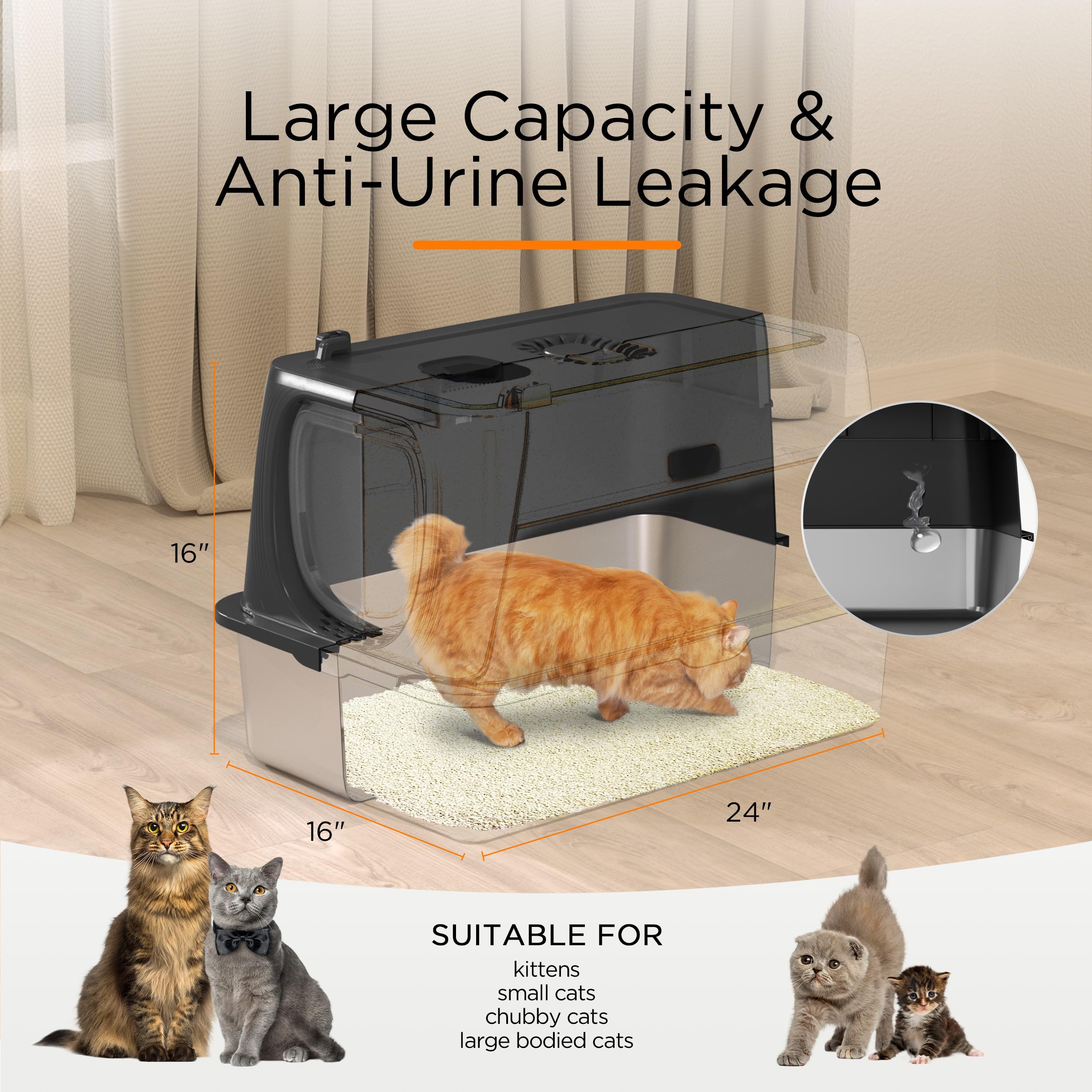 Citylife XL Stainless Steel Cat Litter Box with Lid, Extra Large Enclosed Removable Metal Litter Tray with Litter Scoop&Double Layer Litter Mat, Non-Sticky, Non-Odor, Easy Cleaning, for Big Cats