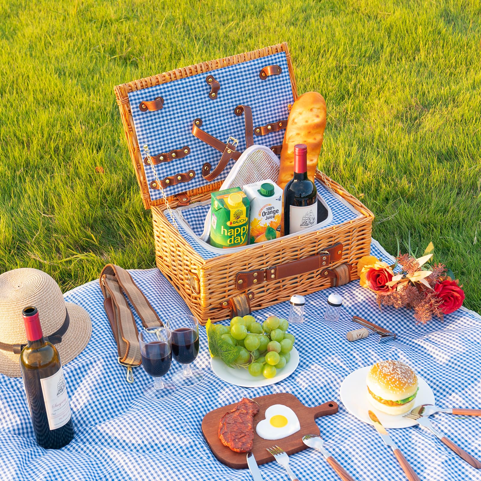 DHAEE Wicker Picnic Basket Set for 2 Person with Cooler Compartment and Waterproof Picnic Blanket,Removable Strap,Cutlery Set,for Camping,Day