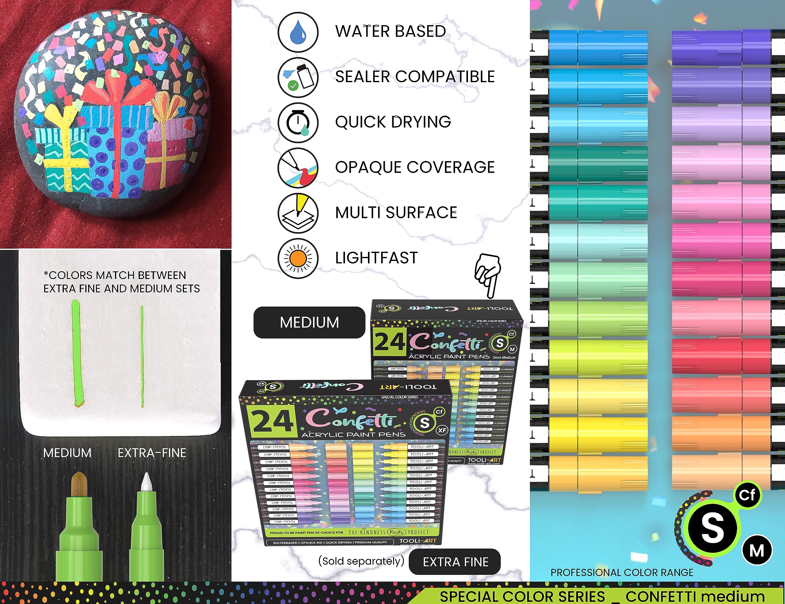 24 Confetti Colours Acrylic Paint Pens Markers Set 3mm Medium Tip, Rock Painting, Glass, Mugs, Wood, Metal, Canvas, Pottery, Plastic, DIY Projects,