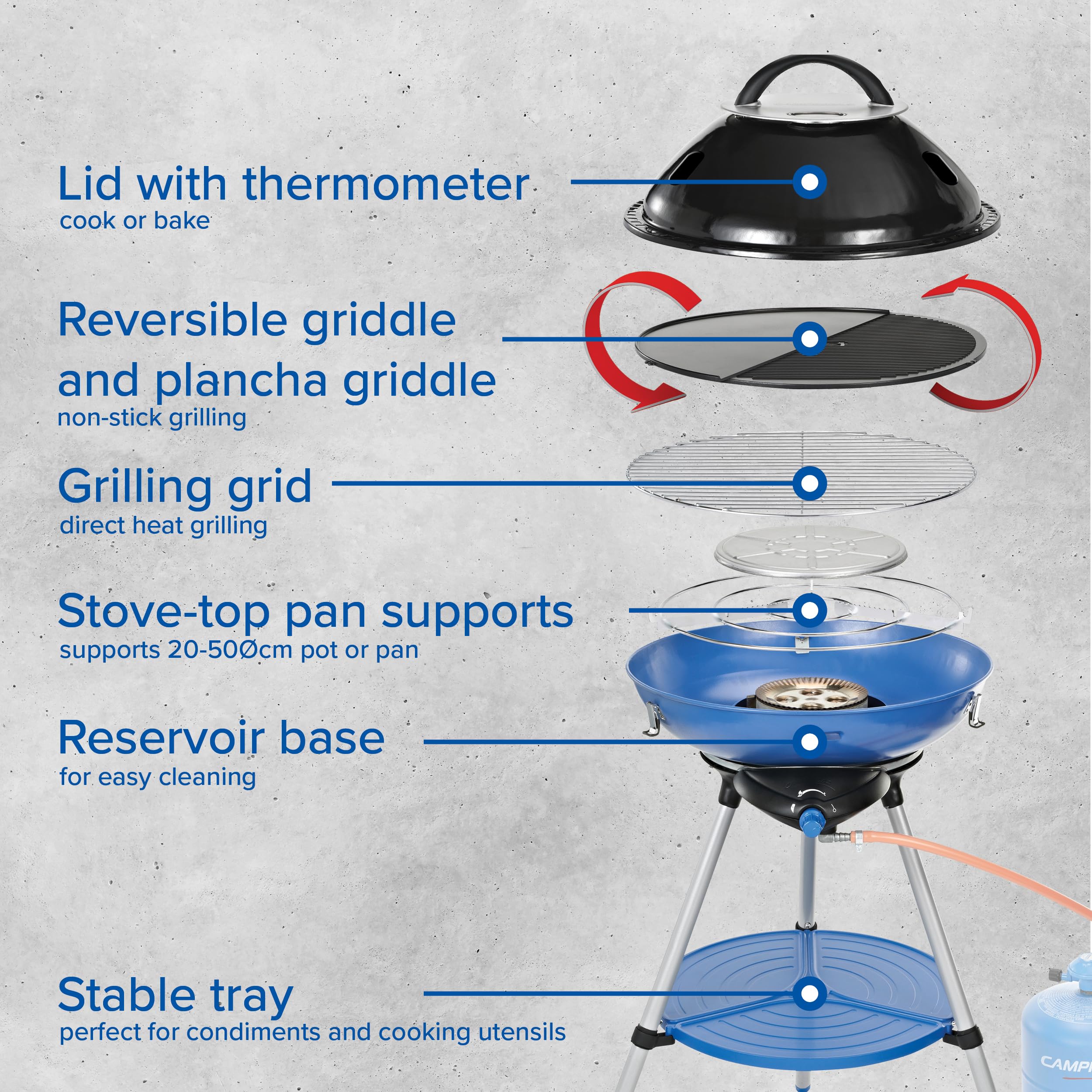 Campingaz Party Grill 400 CV, Camping Stove and Grill, All-in-One Portable Camping BBQ, with Griddle, Grid and Pan Support, Lid Doubles as Wok, Blue