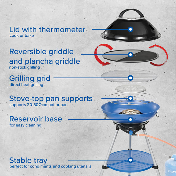 Campingaz Party Grill 400 CV, Camping Stove and Grill, All-in-One Portable Camping BBQ, with Griddle, Grid and Pan Support, Lid Doubles as Wok, Blue