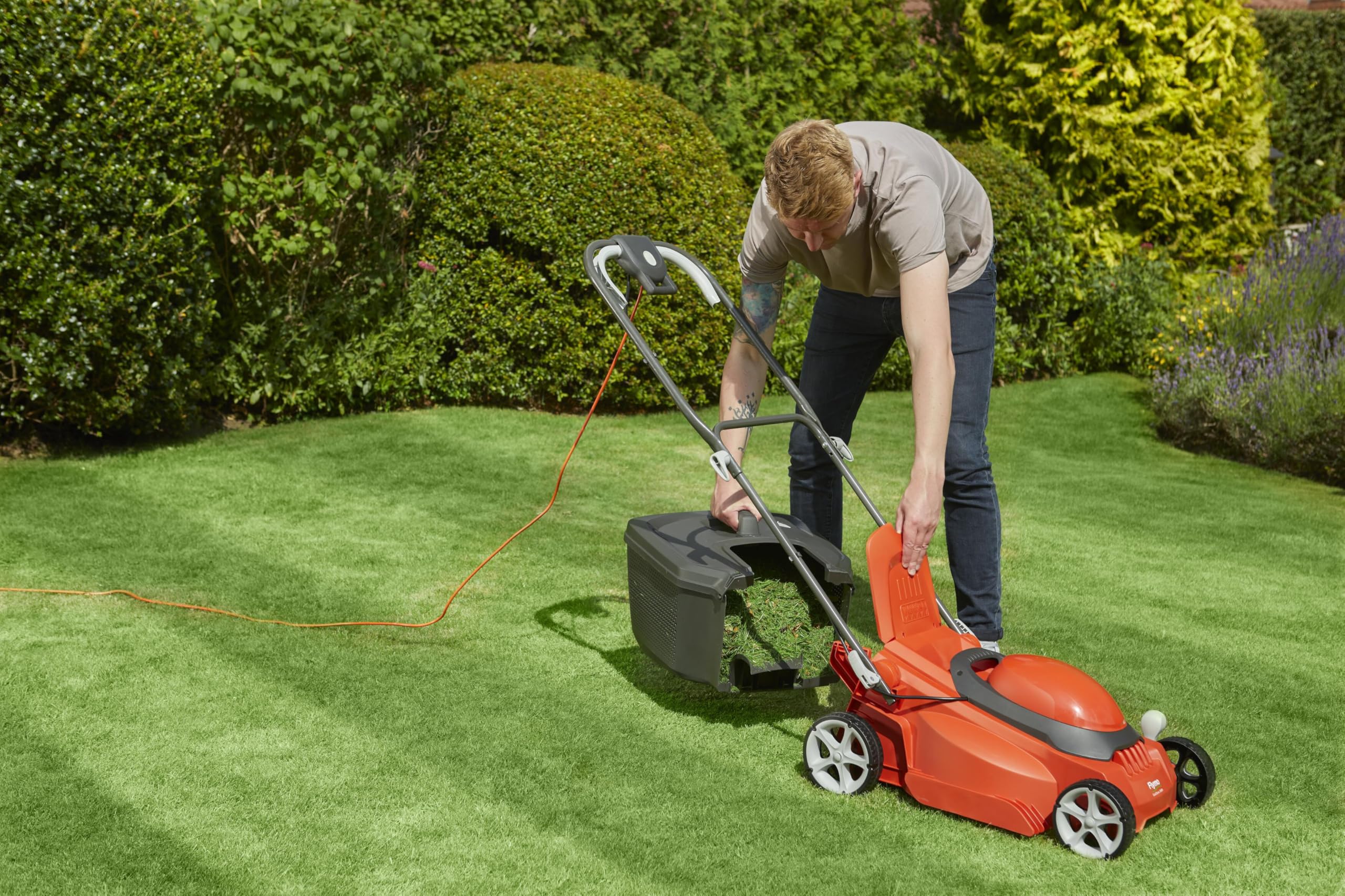 Flymo EasiStore 380R Electric Rotary Lawn Mower - 38 cm Cutting Width, 45 Litre Grass Box, Close Edge Cutting, Rear Roller, Central Height Adjust, Space Saving Storage Features