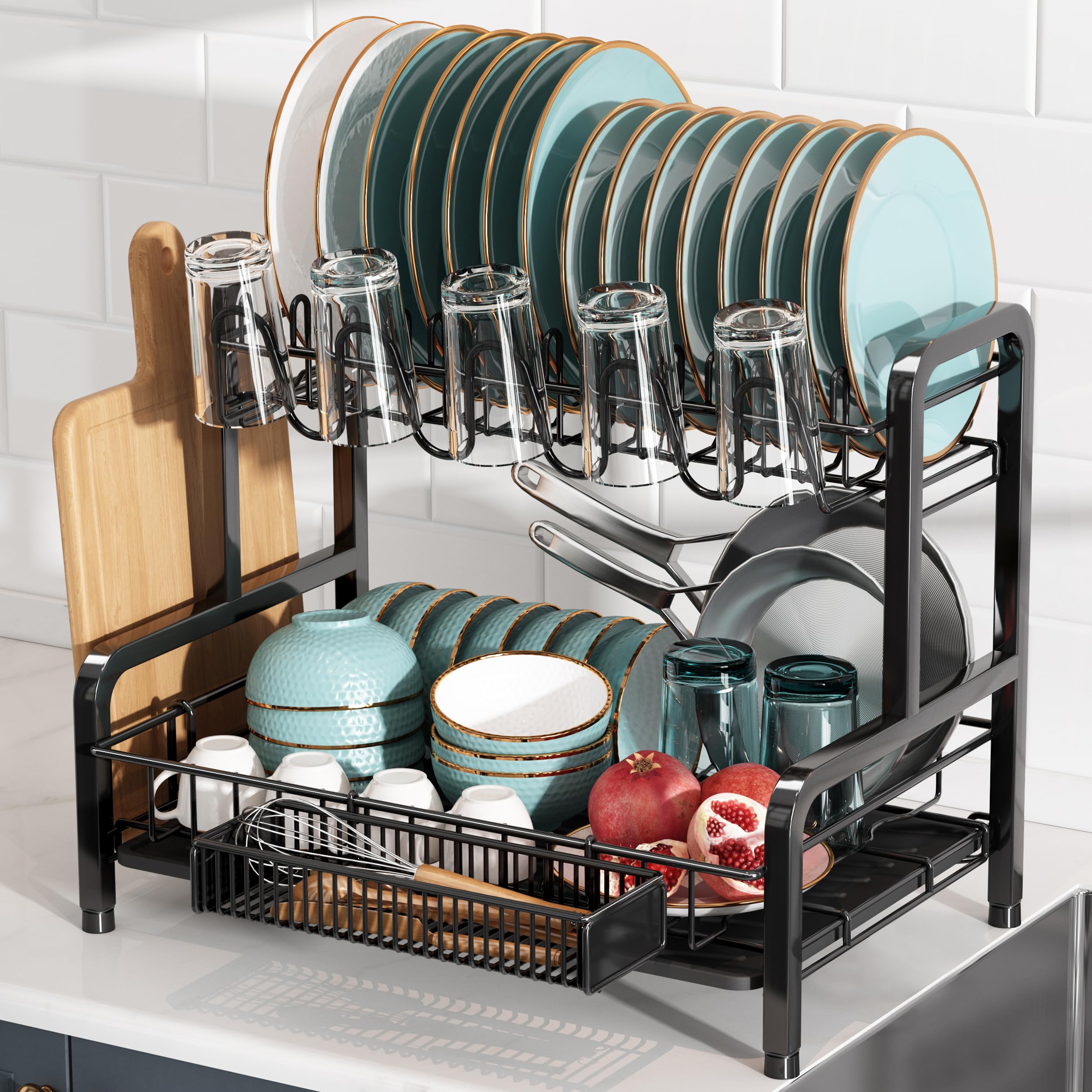 2 Tier Dish Drying Rack, Stainless Steel Dish Drainer, Dish Drainer Rack with Drip Tray, Dish Rack with Swivel Spout, Sink Drainer Rack with Utensil