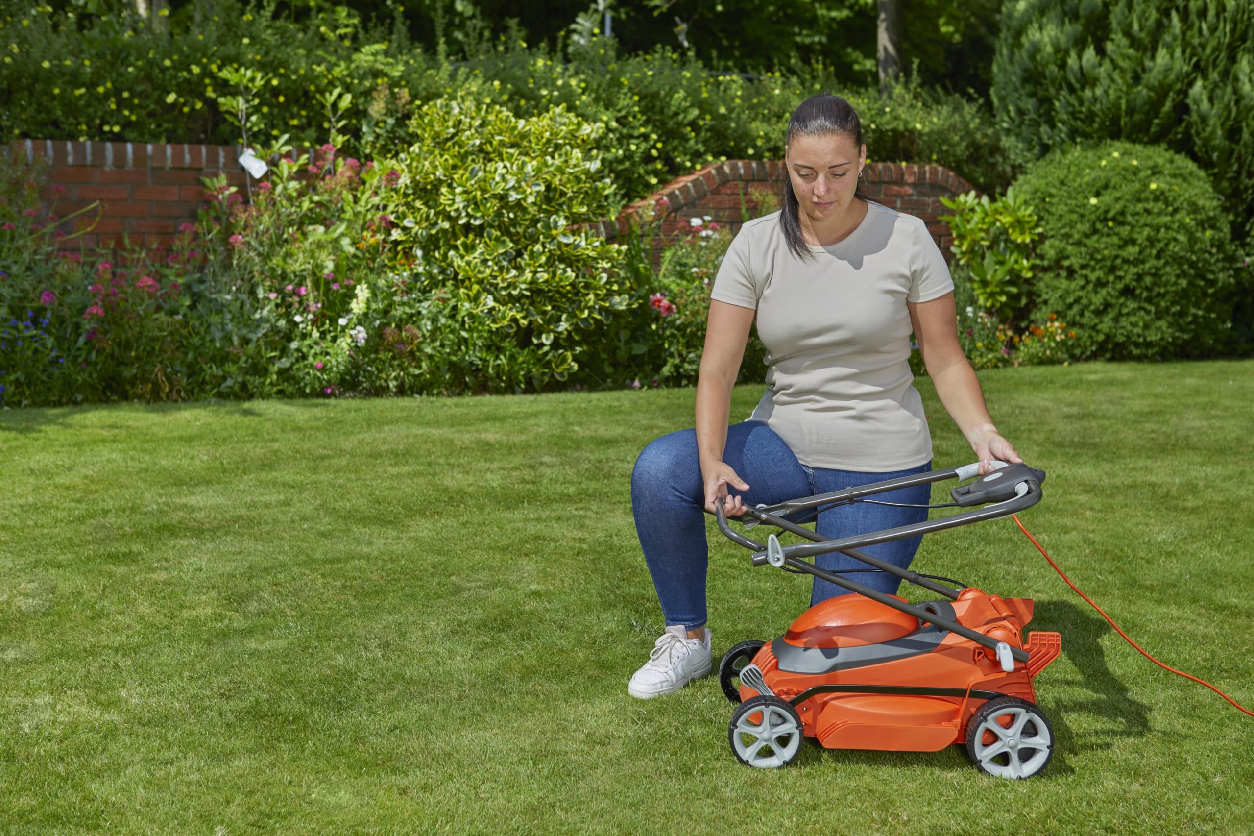 Flymo EasiStore 380R Electric Rotary Lawn Mower - 38 cm Cutting Width, 45 Litre Grass Box, Close Edge Cutting, Rear Roller, Central Height Adjust, Space Saving Storage Features