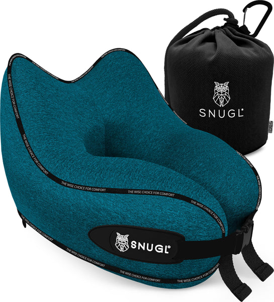 SNUGL Travel Pillow – Memory Foam Neck Pillow for Travel – Support Cushion for Airplane with Carry Bag & Clip - Holiday Essentials (Black - Adult Regular)