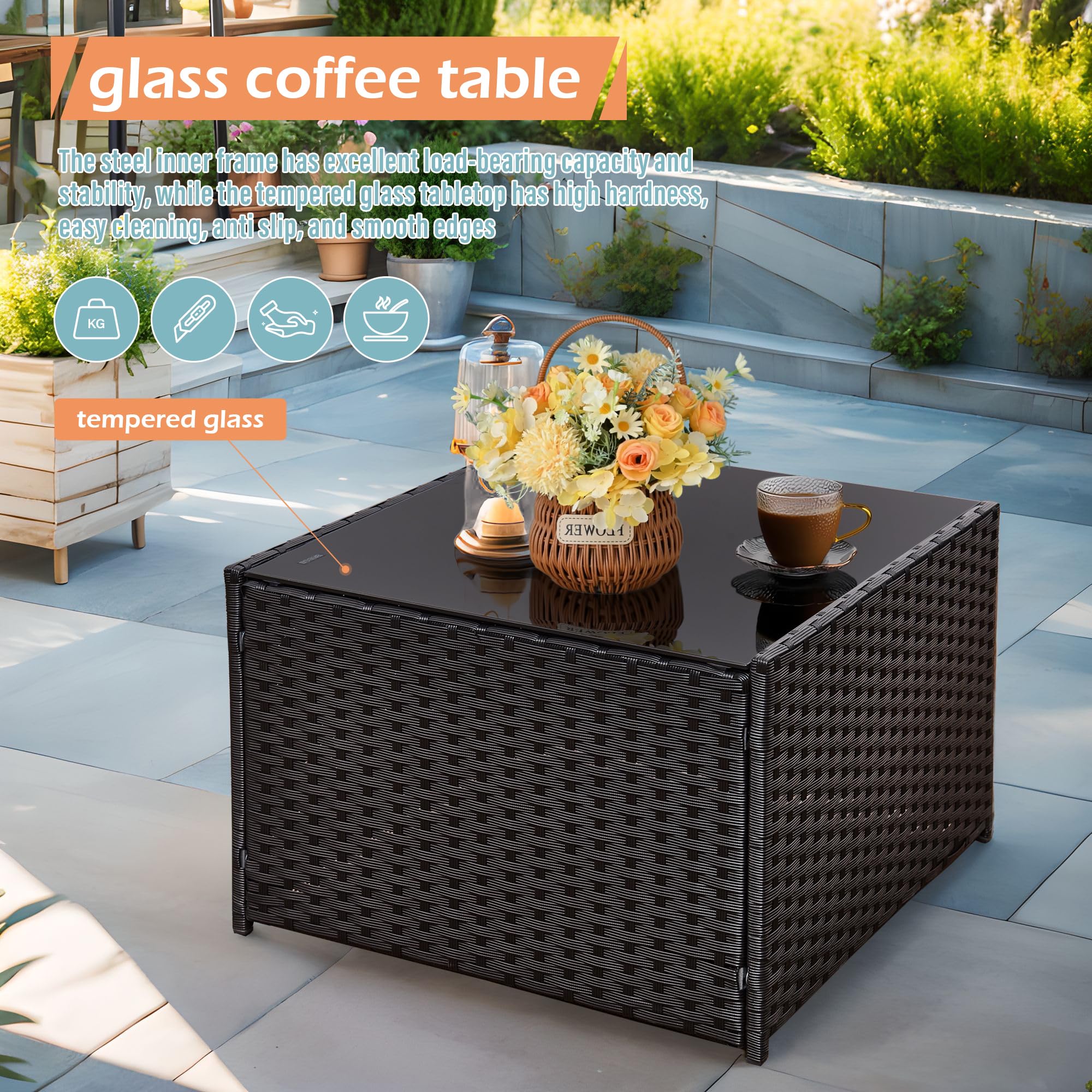 AOUXIN 3 Pieces Rattan garden furniture Patio Furniture Sets All Weather Outdoor Sectional Patio Sofa Manual Weaving Wicker Rattan Corner Sofa with Grey Cushions and Glass Table