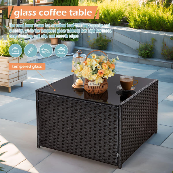 AOUXIN 3 Pieces Rattan garden furniture Patio Furniture Sets All Weather Outdoor Sectional Patio Sofa Manual Weaving Wicker Rattan Corner Sofa with Grey Cushions and Glass Table