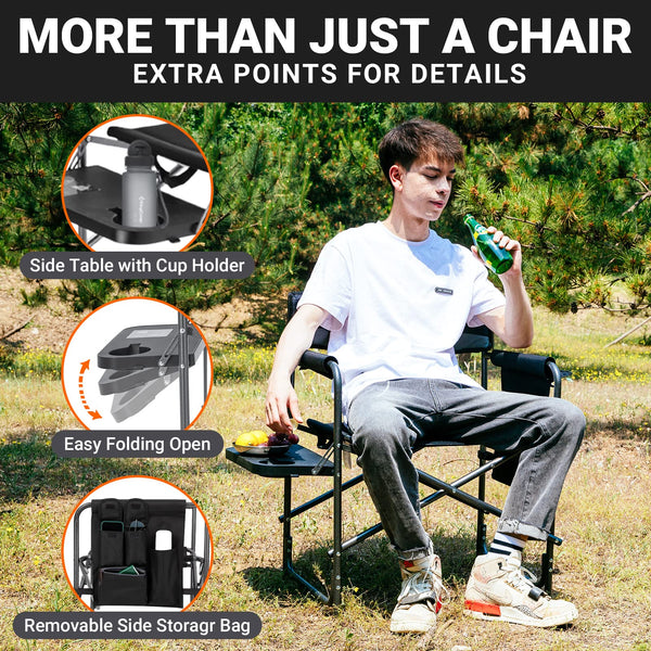 KingCamp Folding Camping Chairs for Adluts Heavy Duty Directors Chair with Cooler Bag and Side Table Support up to 150KG