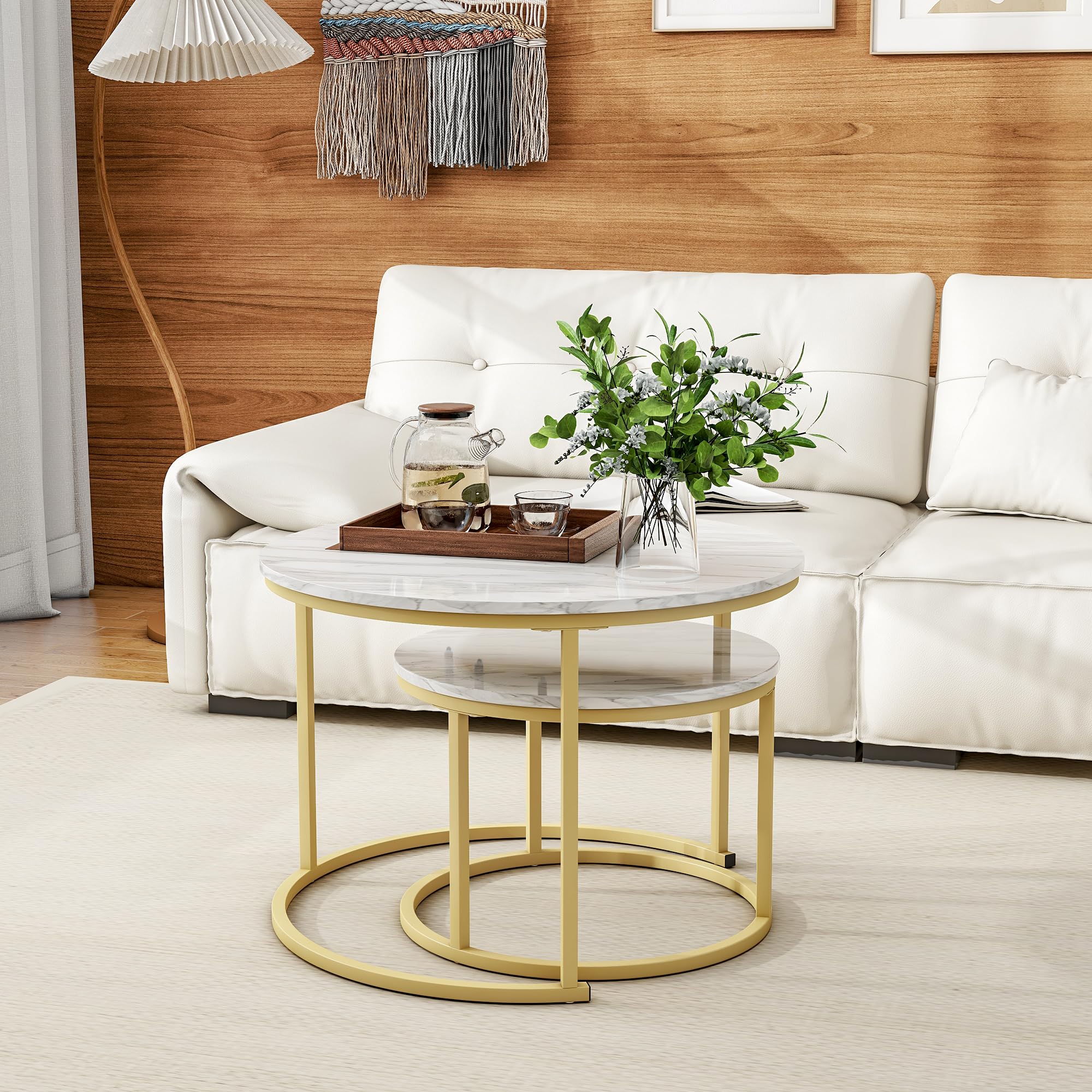 HOJINLINERO Round Coffee Table Set of 2,Nest of Tables,Coffee Tables for Living Room,Wooden Coffee Table with Storage & Gold Metal Frame,Modern Side