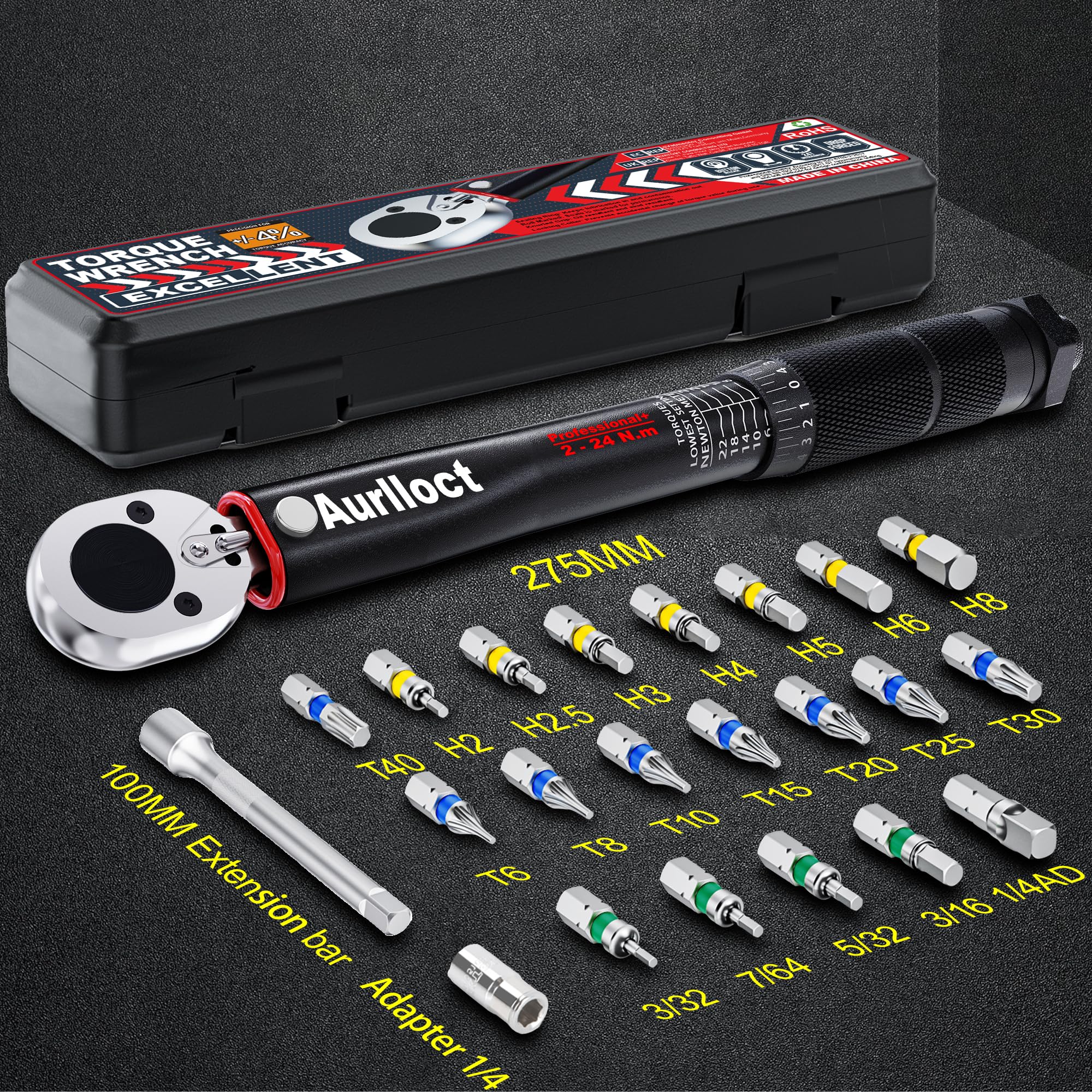 1/2" Torque Wrench Set, Car Wheel Torque Spanner 20-230 Nm with 3/8'' Adapter, ± 3% Accuracy, 72 Tooth for Car Repair, Tire Replacement Etc