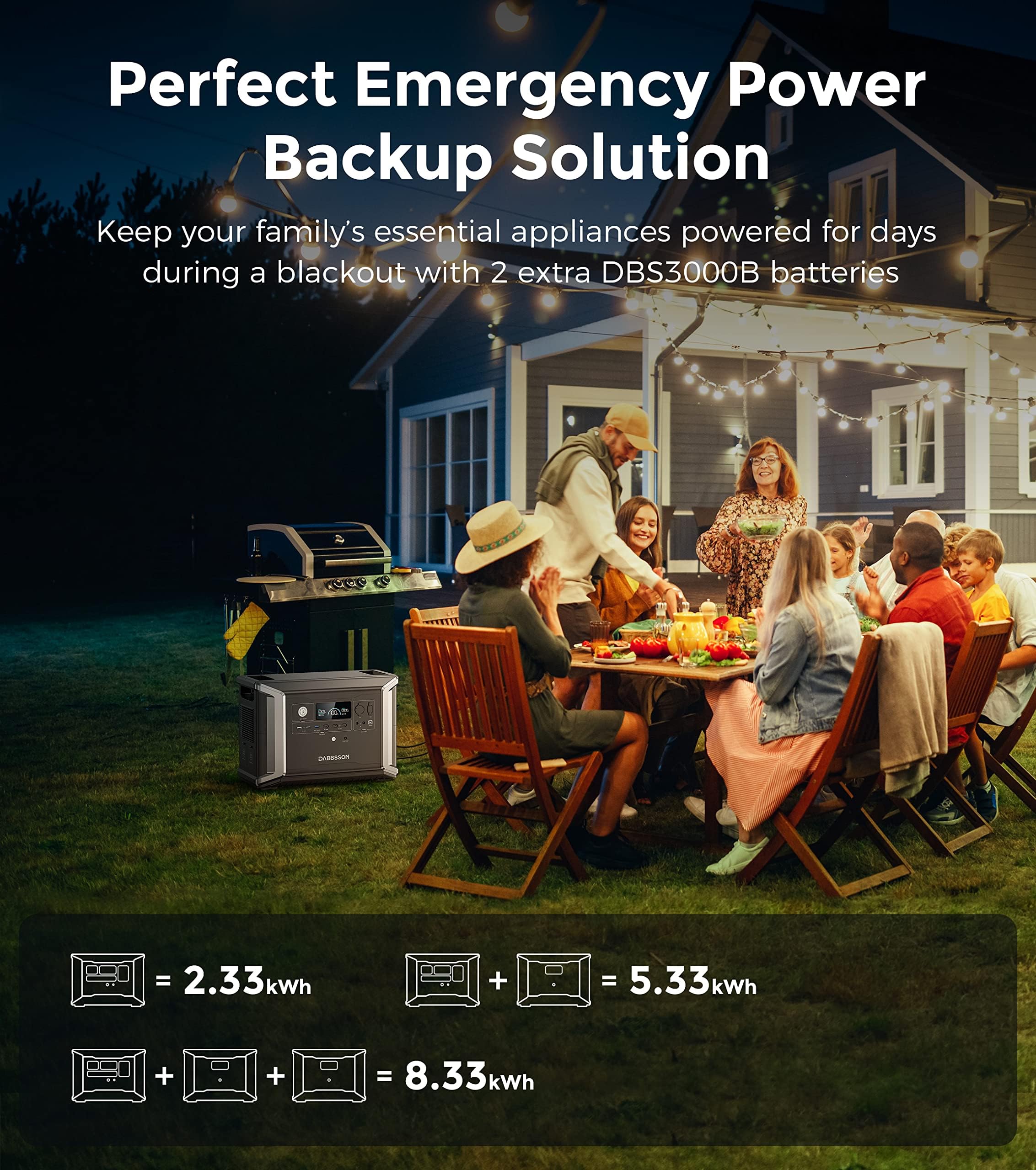 Dabbsson Portable Power Station DBS2300, 2330Wh EV Semi-solid State LiFePO4 Home Battery Backup, Max 16660Wh, 2200W AC Outlets, Solar Generator for Camping, Home Backup, Emergency, RV