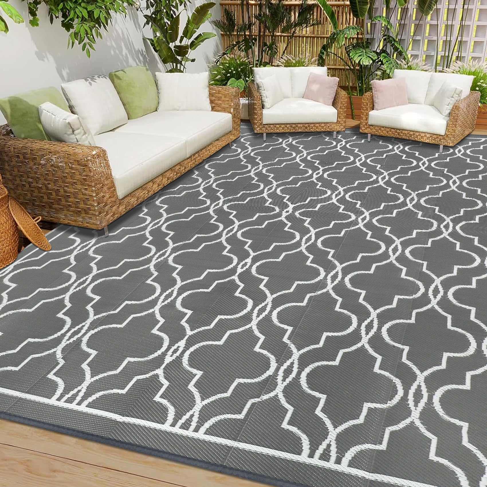 Cekene Large Outdoor Rug Waterproof Black 245x305cm Patio Rugs Reversible RV Camping Mat Lightweight Plastic Portable Outdoor Carpet for Picnic Porch Deck Backyard BBQ Beach