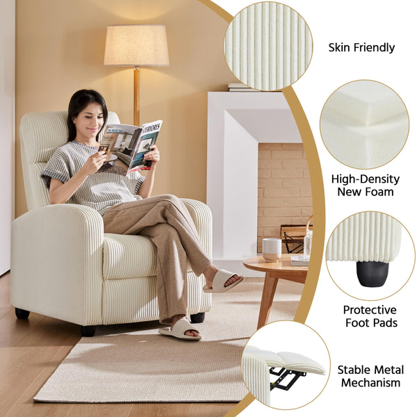 Yaheetech Recliner Armchair Single Padded Seat Boucle Fabric Sofa Lounge Home Living Room Theater Adjustable Leg Rest and Reclining Functions Ivory