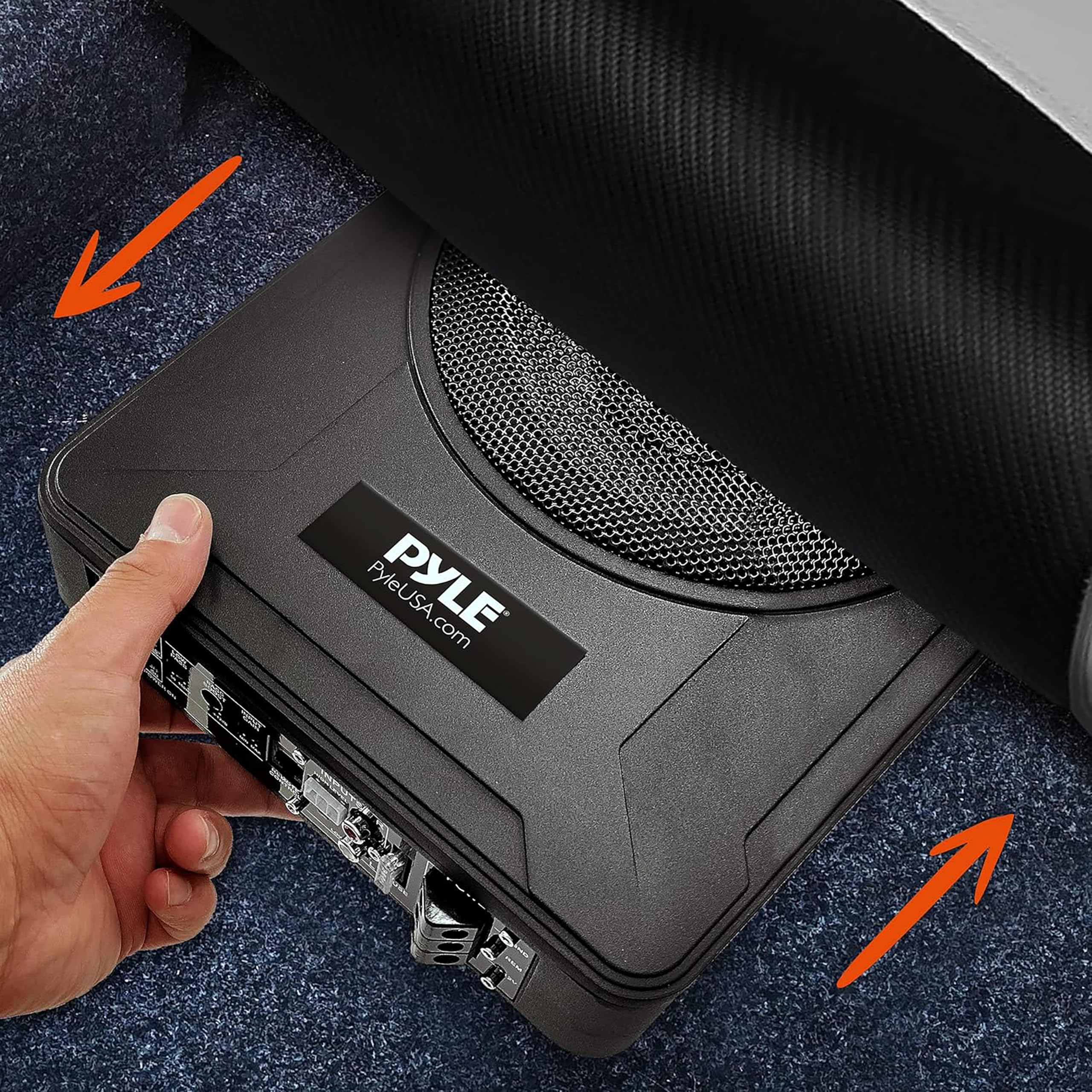 Pyle 8-Inch Low-Profile Amplified Subwoofer System - 600 Watt Compact Enclosed Active Marine Underseat Car Subwoofer with Built in Amp, Powered Car Subwoofer w/Low & High Level Inputs