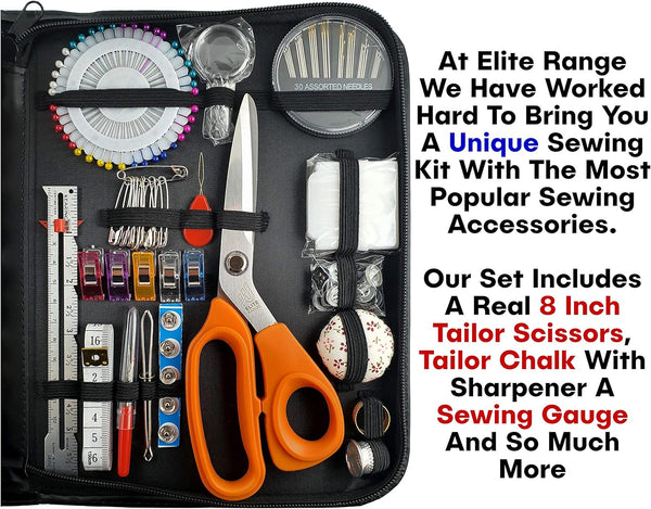 Elite Range Professional Sewing Kit - Portable Sewing Accessories Bag - Includes Full Size Tailor Scissors