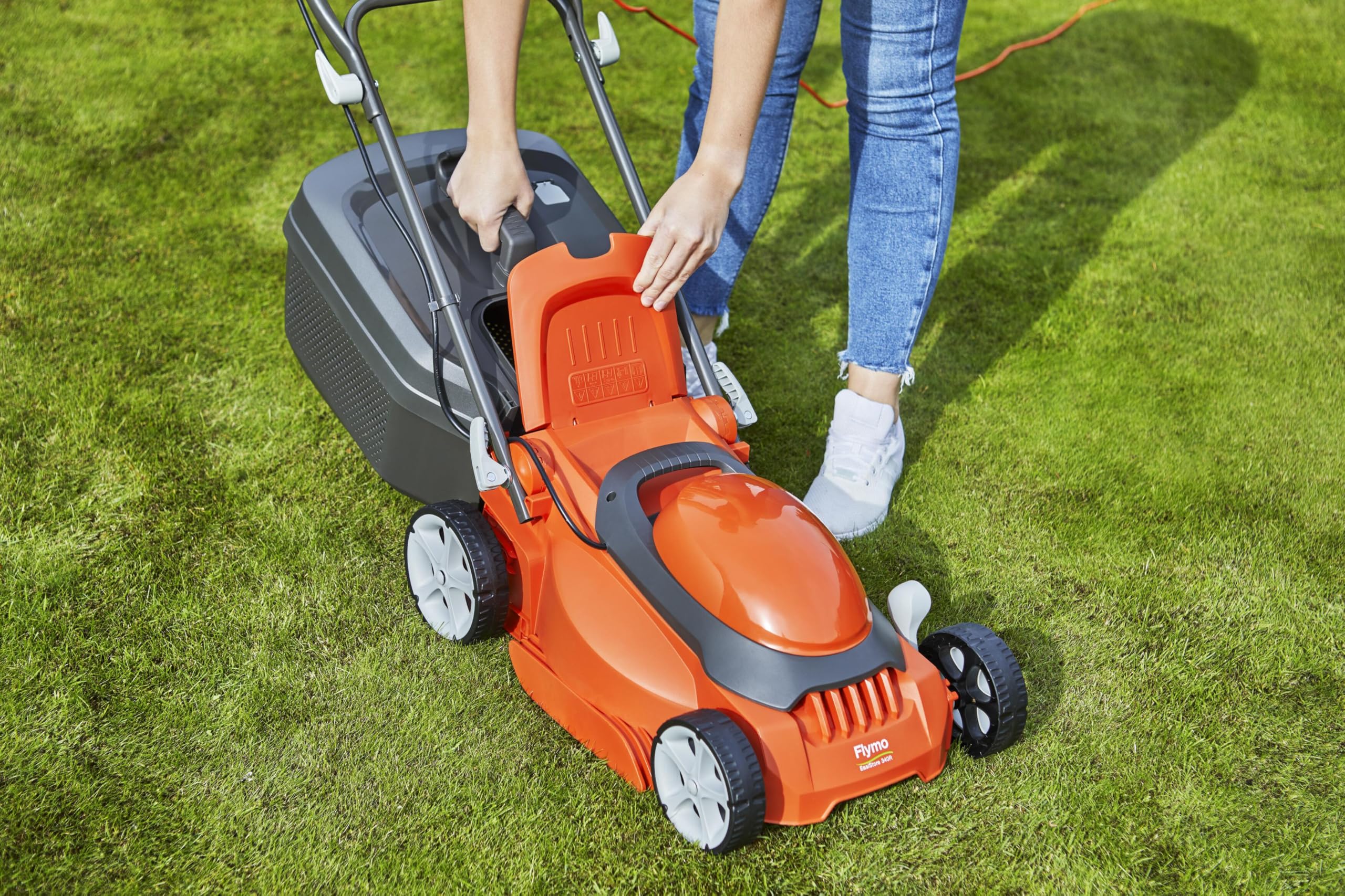 Flymo EasiStore 380R Electric Rotary Lawn Mower - 38 cm Cutting Width, 45 Litre Grass Box, Close Edge Cutting, Rear Roller, Central Height Adjust, Space Saving Storage Features