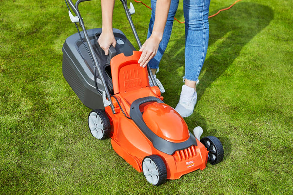 Flymo EasiStore 380R Electric Rotary Lawn Mower - 38 cm Cutting Width, 45 Litre Grass Box, Close Edge Cutting, Rear Roller, Central Height Adjust, Space Saving Storage Features