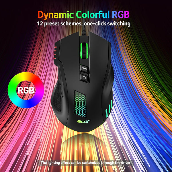 acer Wired Gaming Mouse, 12800 DPI Mouse Gaming RGB, 1000Hz Polling Rate, 8 Programmable Button, 12 Backlights, High Precision, Rapid Fire, Ergonomic Computer Mouse with Driver for Laptop, PC, Mac