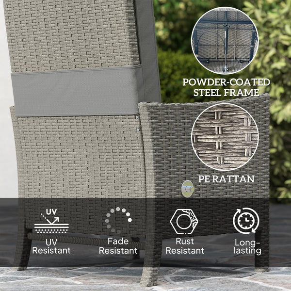 Outsunny 5 Piece Rattan Garden Furniture Set, Wicker Patio Sofa Set with 2 Armchairs, 2 Footstools, Glass Top Coffee Table with Shelf, Outdoor Furniture with Adjustable Backrests, Cushions, Dark Grey