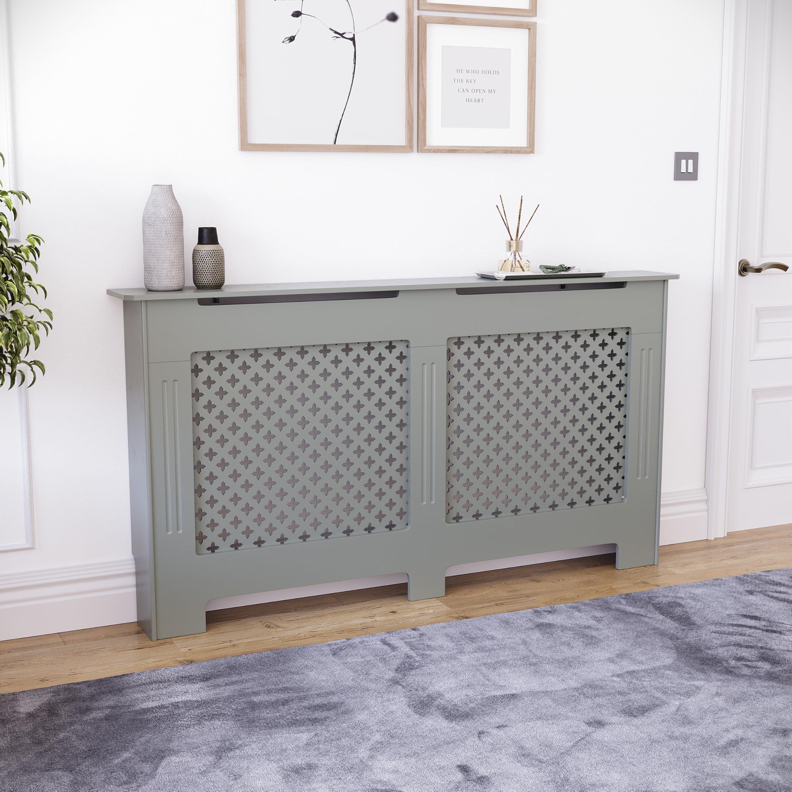 Vida Designs Oxford Radiator Cover – Traditional Cross Pattern, Olive Grey, MDF, Modern Painted Finish, Heat Efficient, Small, (H 82 x W 78 x D 19 cm)