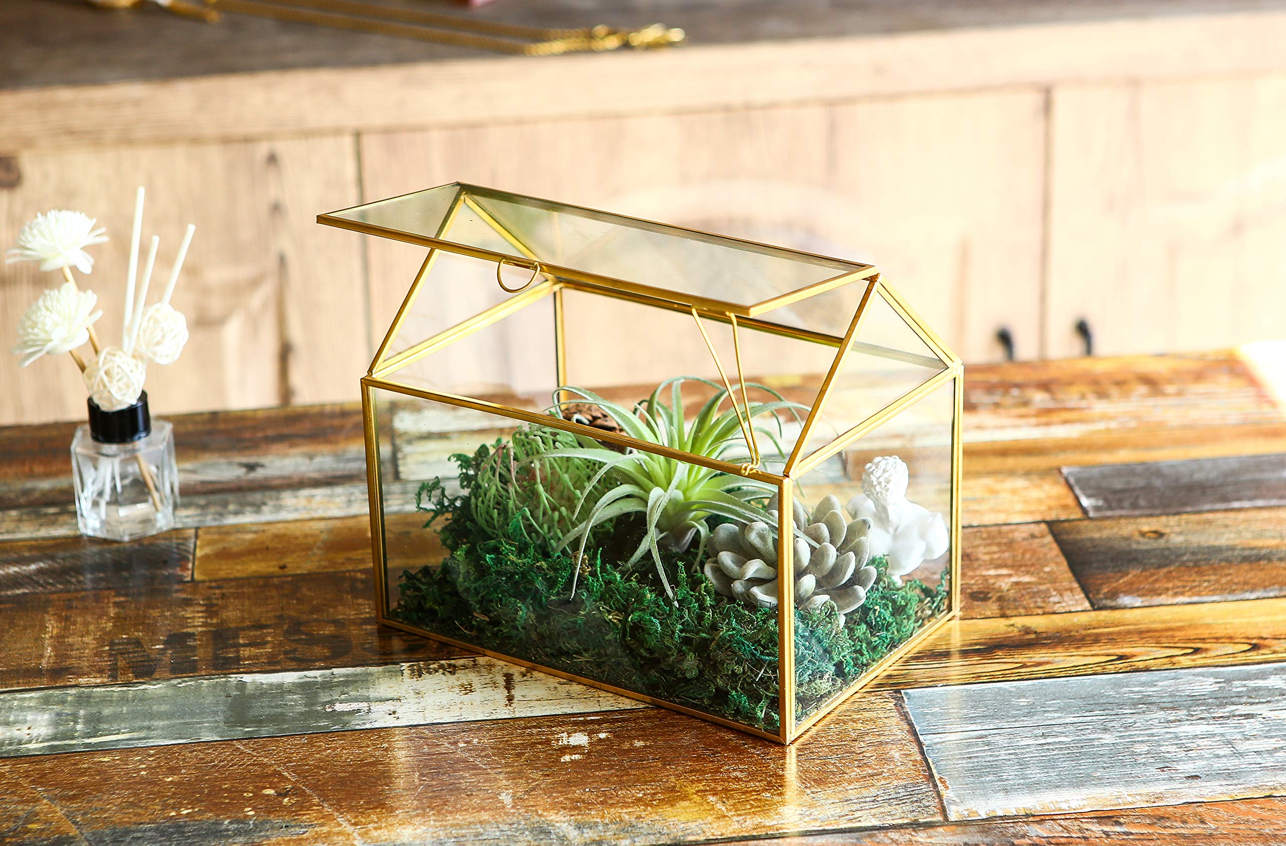House Shape Close Glass Geometric Terrarium Tabletop Succulent Plant House Garden Planter Moss Fern Swing Lid, Flower Pot for Plants Succulent, Air