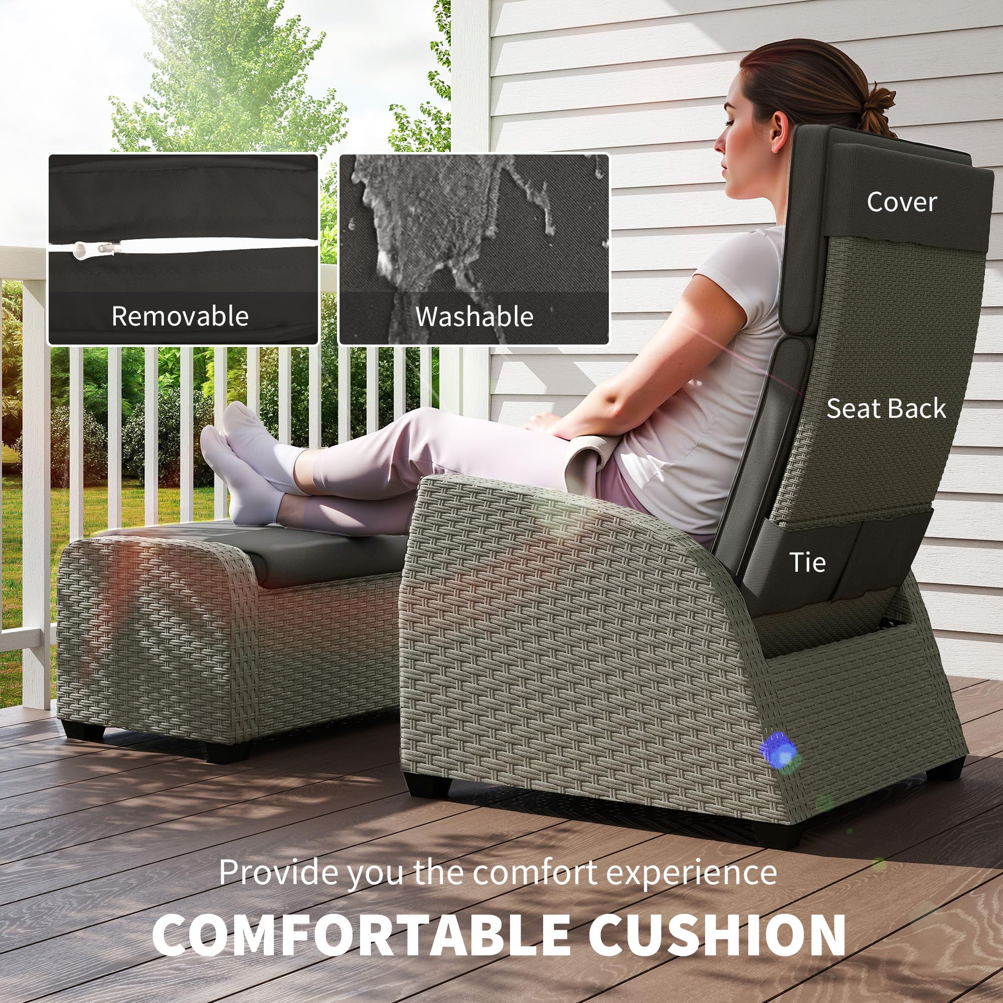 Outsunny 5 Piece Rattan Garden Furniture Set, Garden Reclining Rattan Chairs Set of 2 with Wood-Plastic Composite Table, Footstools and Thick Cushions for Balcony, Patio, Charcoal Grey