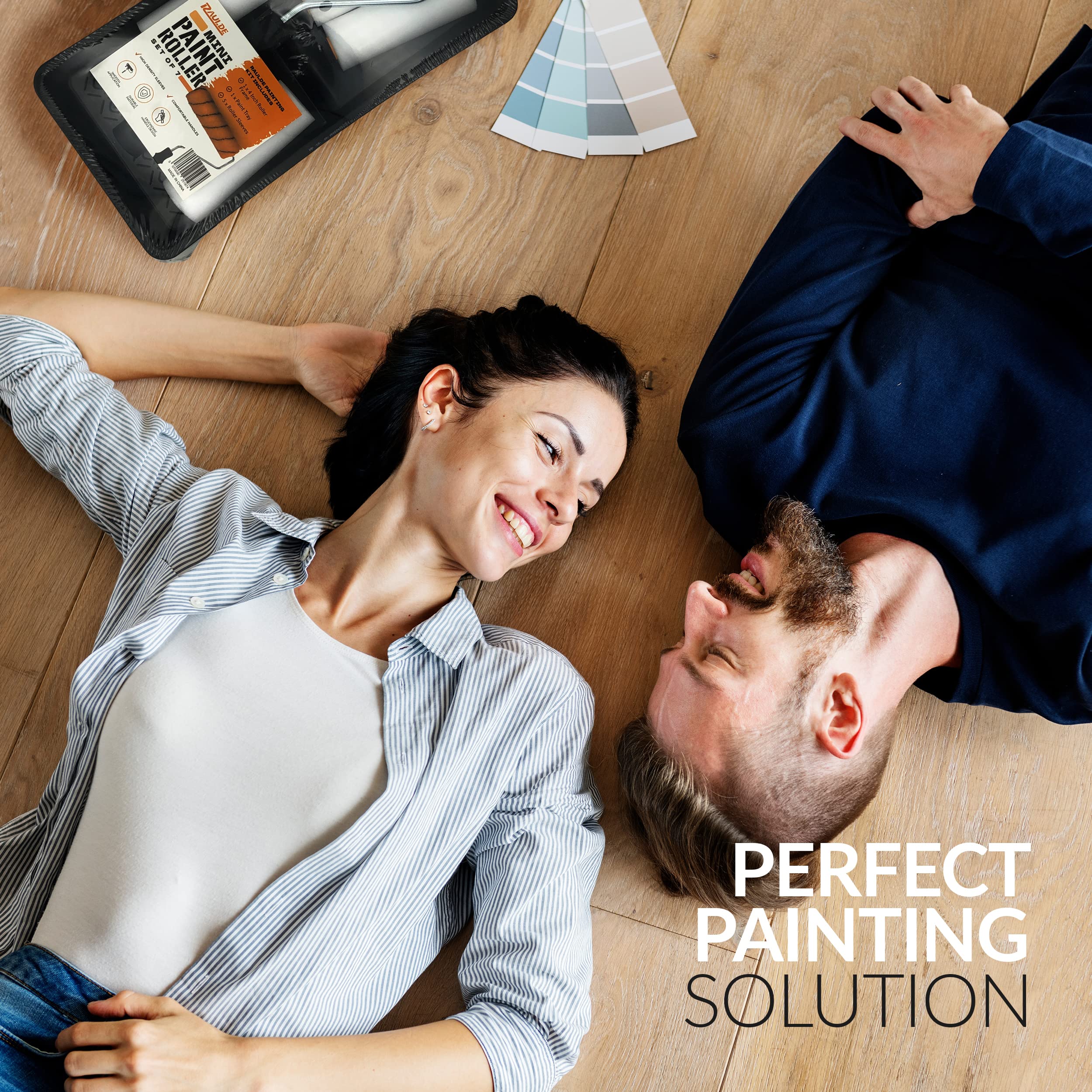 RAULDE 10 Pieces Paint Roller Set - Includes a Paint Tray, Brush, Large and Mini Rollers & Sleeves, Paint Repellent Masking Tape, Paint Mixer - Roller Set for Painting Walls, Edges & Ceilings