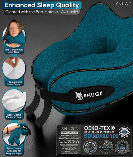 SNUGL Travel Pillow – Memory Foam Neck Pillow for Travel – Support Cushion for Airplane with Carry Bag & Clip - Holiday Essentials (Black - Adult Regular)