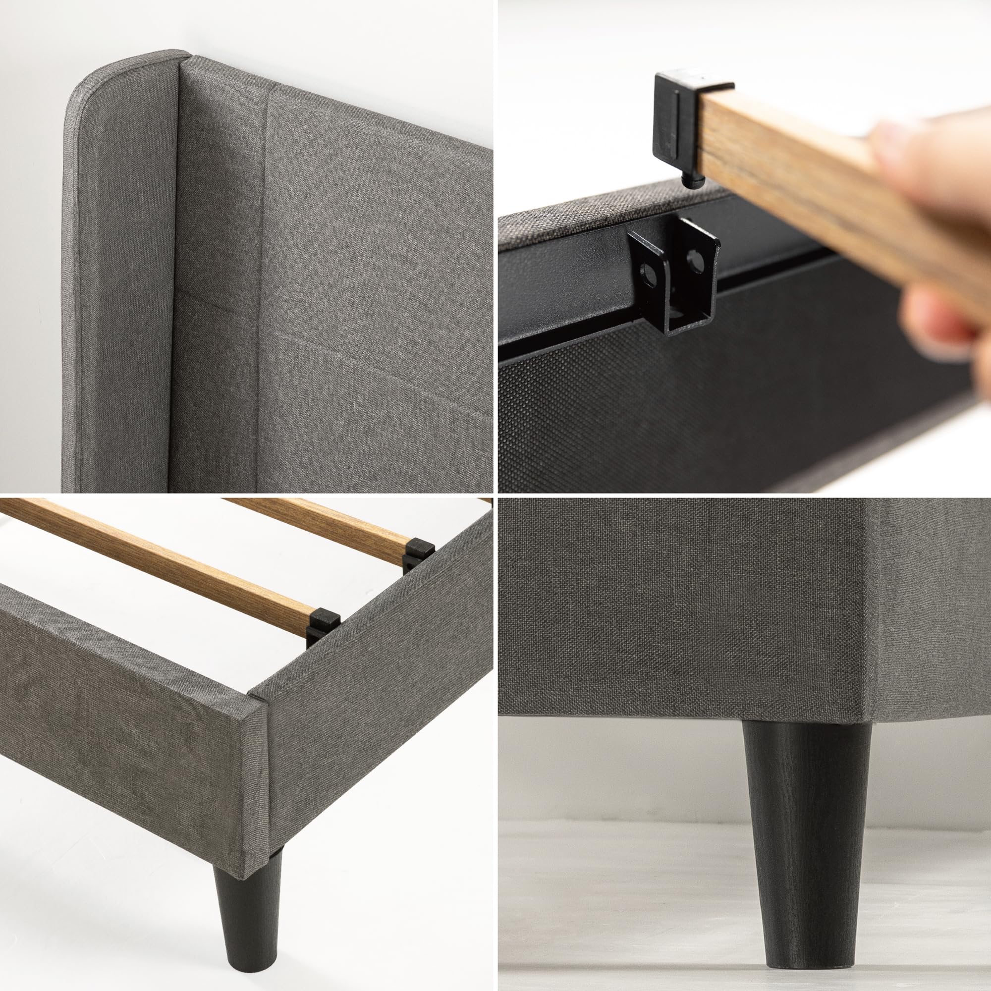 Zinus Sasha Super King Bed frame - Bed 180x200 cm - 25 cm Height - Upholstered Platform Bed frame with Wingback Headboard - Medium Grey