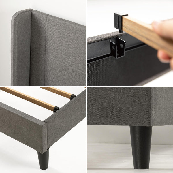 Zinus Sasha Super King Bed frame - Bed 180x200 cm - 25 cm Height - Upholstered Platform Bed frame with Wingback Headboard - Medium Grey