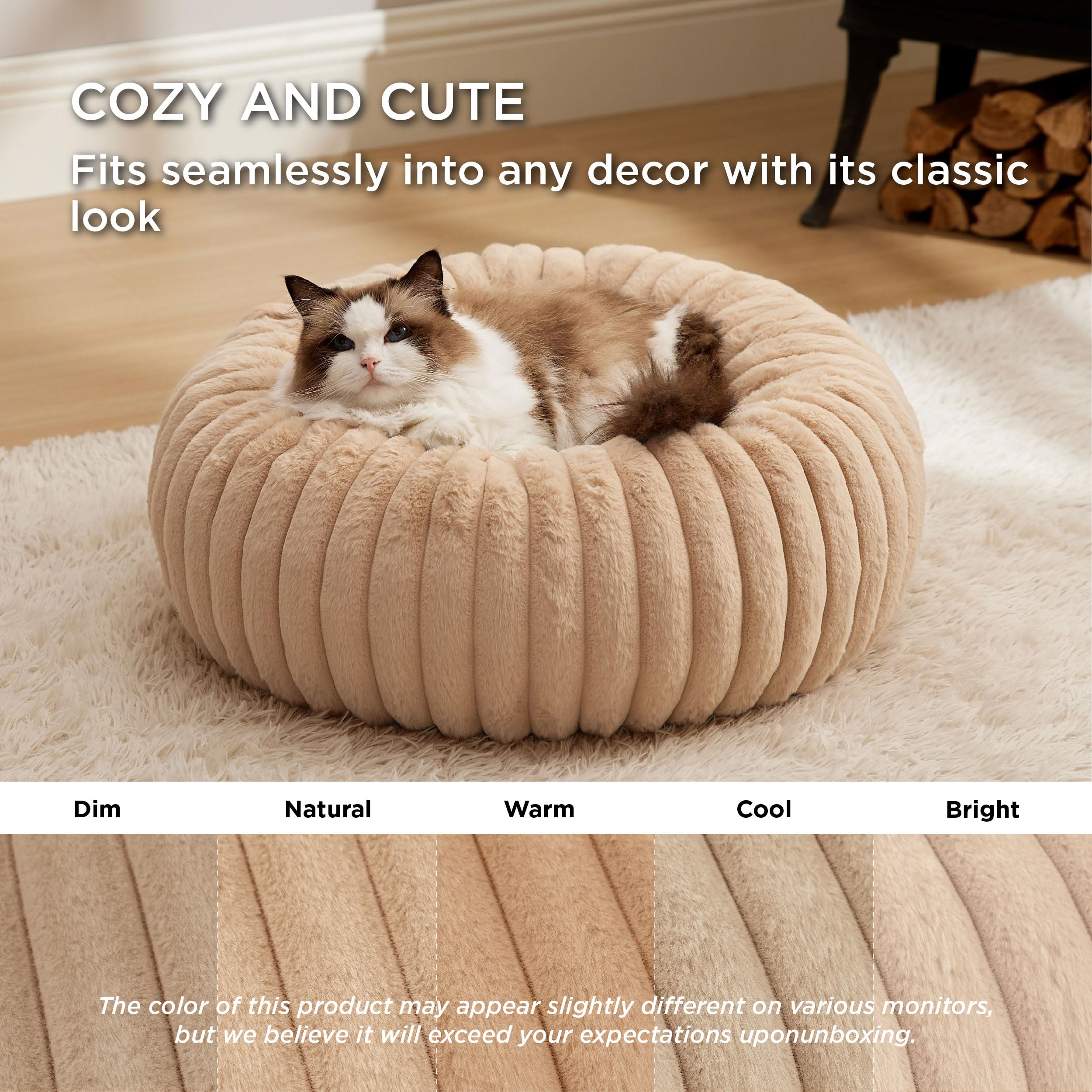 Bedsure Cat Bed for Indoor Cats - 51x51x15 cm Fluffy Cat Donut Bed with Corduroy Fleece & Anti Slip Bottom, Puppy Kitten Beds Washable with Removable Cover, Dark Grey