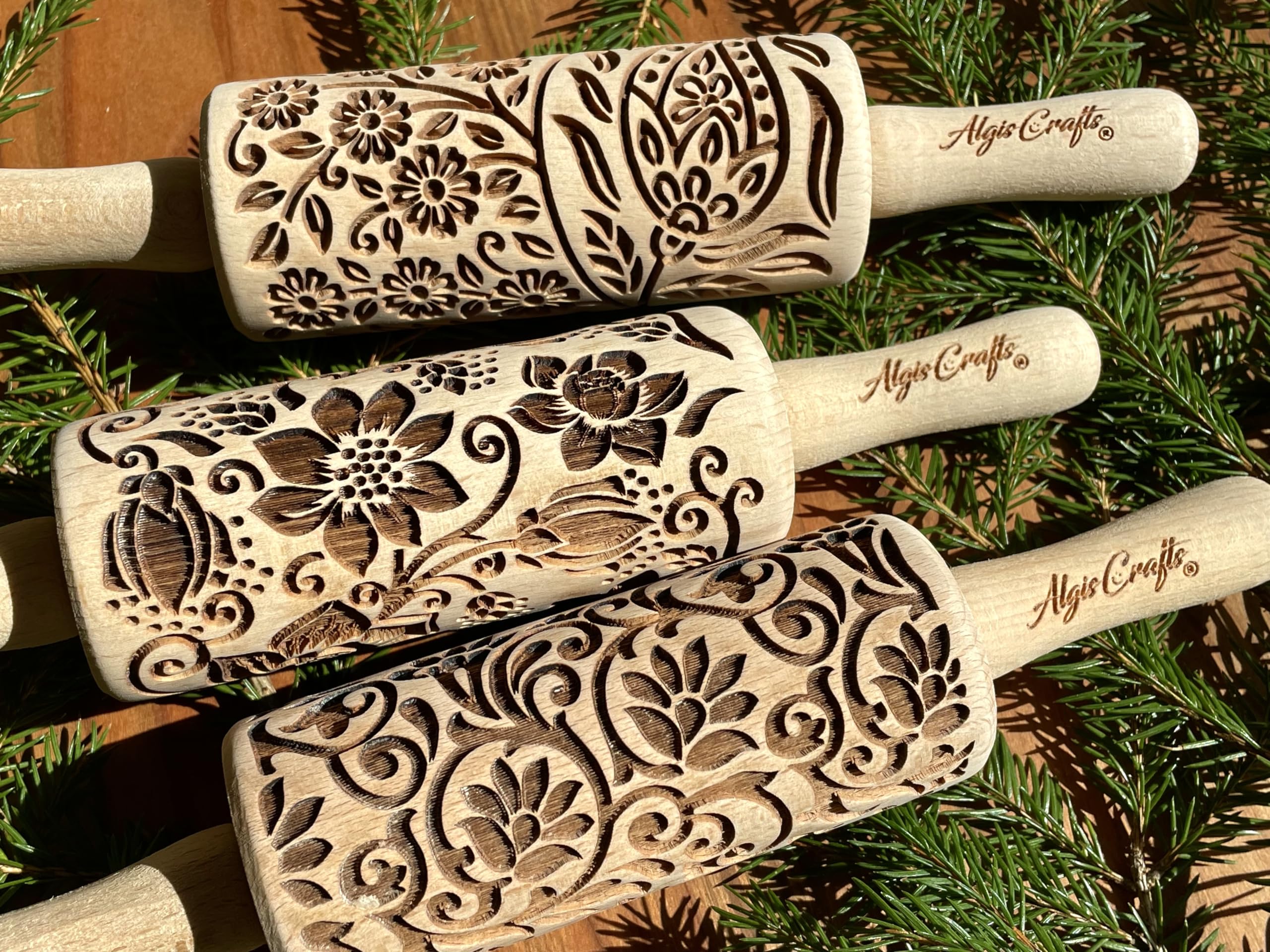 FLORET 3 Kid Rolling Pin Set with Lotus, Kashmir, Paisley, Flowering Vine, Lily Flowers Patterns. Wooden Laser Cut Mini Rolling Pins for Cookies, Play